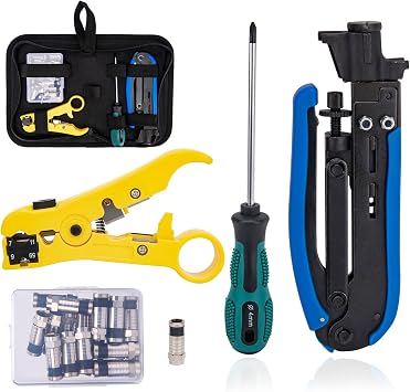 RG6 Coax Cable Crimper Kit Coaxial Compression Tool Adjustable RG6 RG59 RG11 75-5 75-7 Coaxial Cable Stripper,Coaxial Cable Crimper Kit with 20 PCS F Compression Connectors