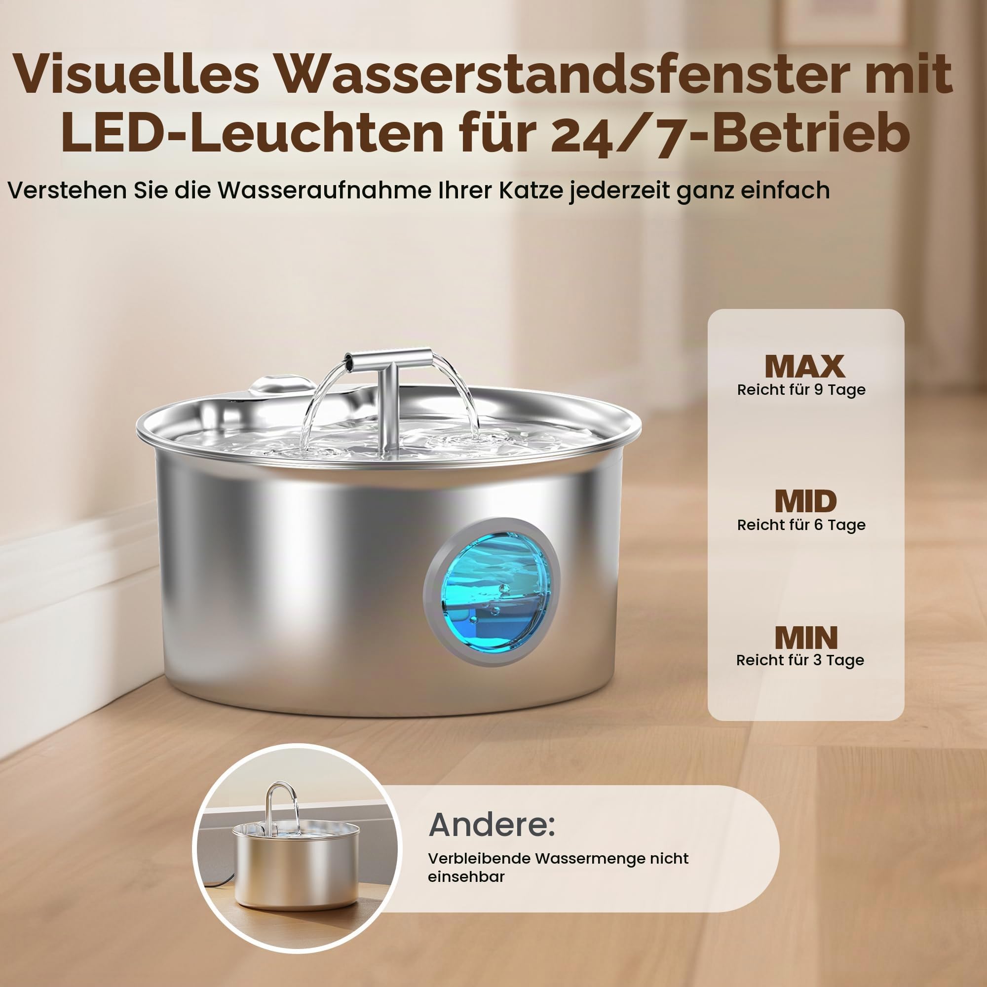 Katzenbrunnen Edelstahl Katzen Trinkbrunnen: Trinkbrunnen für Katze - 2.6L leiser Katzenbrunnen für Katzen - mit 6 Kohlefilters + 3 Schwämmes - Wasserstandsfenster mit LED-Beleuchtung