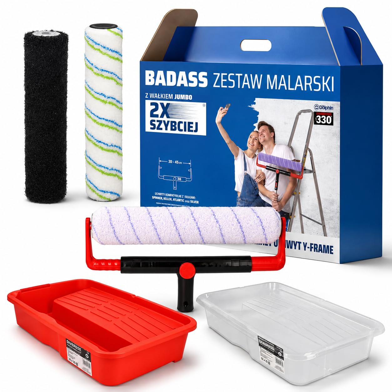BLUE DOLPHIN Malerset 37 cm Farbroller Set mit Y Frame Teleskopbügel 4 L Farbwanne Farbwalze Spachtelwalze Black Nylon und Mikrofaser für Wände Decken Renovierung