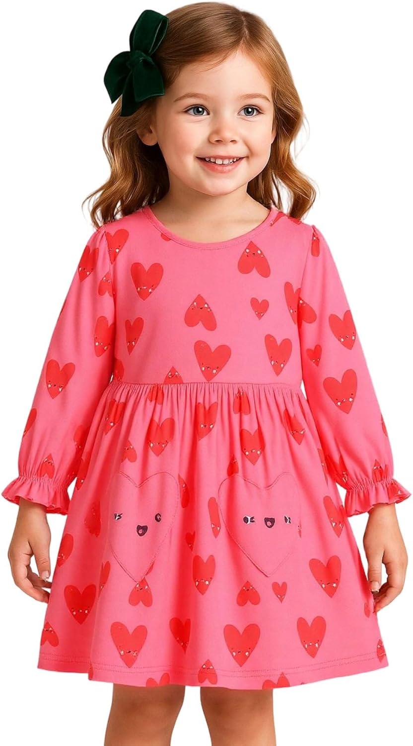 HILEELANG Toddler Girl Long Sleeve Dress Cotton Casual Jersey Shirt Playwear Applique Dress - Image 2