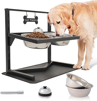 Grand Line Elevated Dog Bowls - 7 Height Adjustable, 10 Tilted Raised Stand With Spill Proof Mat, Two 1.5L Stainless Steel Food Water Bowls for Large Medium Small Dogs 15.4" H