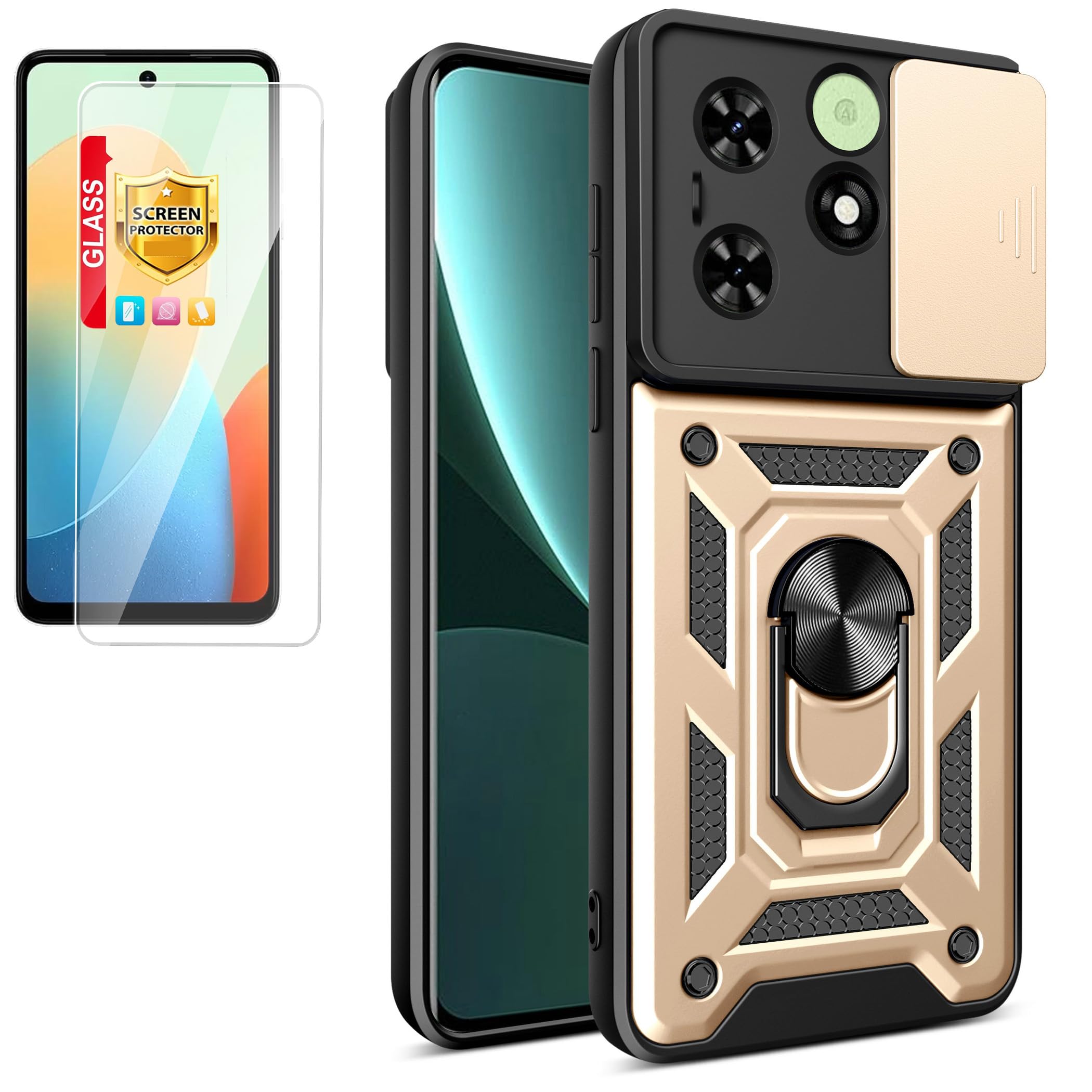 Compatible with Tecno Spark Go 2024/Spark 20/Spark 20c/Tecno Pop 8 Phone Case Cover [with Tempered Glass Screen Protector] Golden