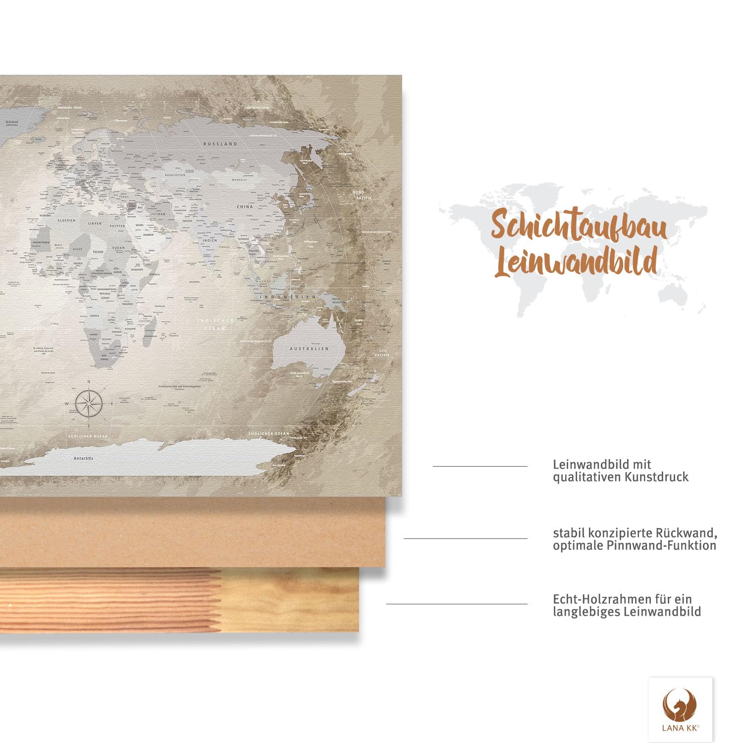 LANA KK Weltkarte Pinnwand 120x80 Cm – Blau, Auf Leinwand Mit Korkrückwand, Inkl. Starterkit