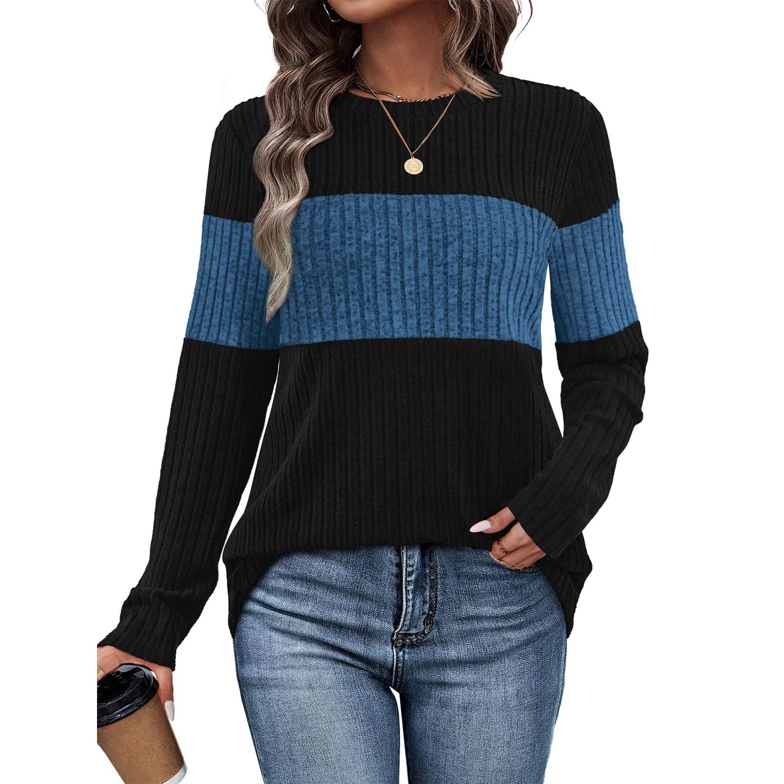 Tunic Tops for Women Loose Fit Dressy Waffle Knit Long Sleeve Shirts Trendy Fall Fashion Crewneck Sweater Casual
