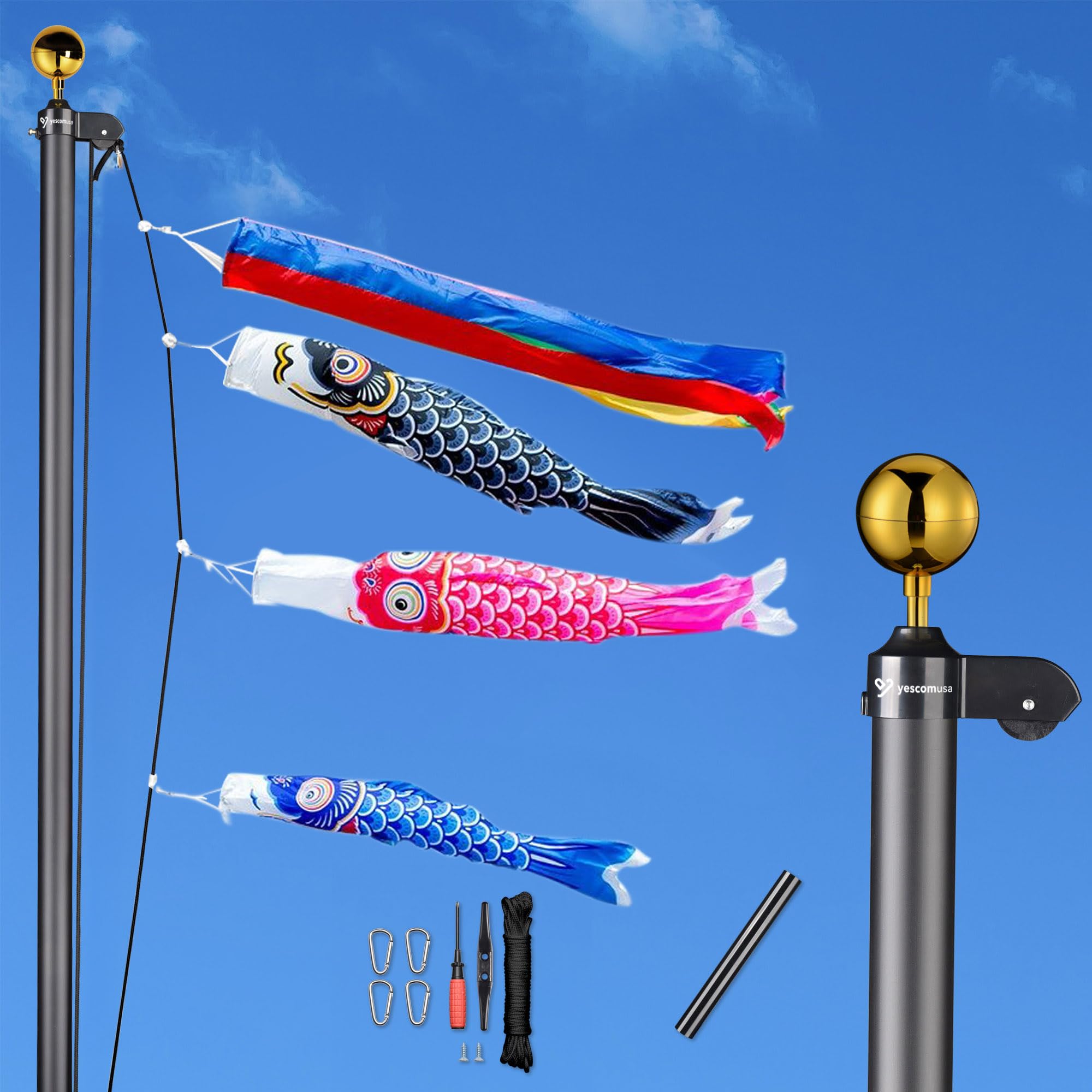 Amazon | Yescom アルミ 鯉のぼりポール ブラック 6m (3m鯉用) ロープ