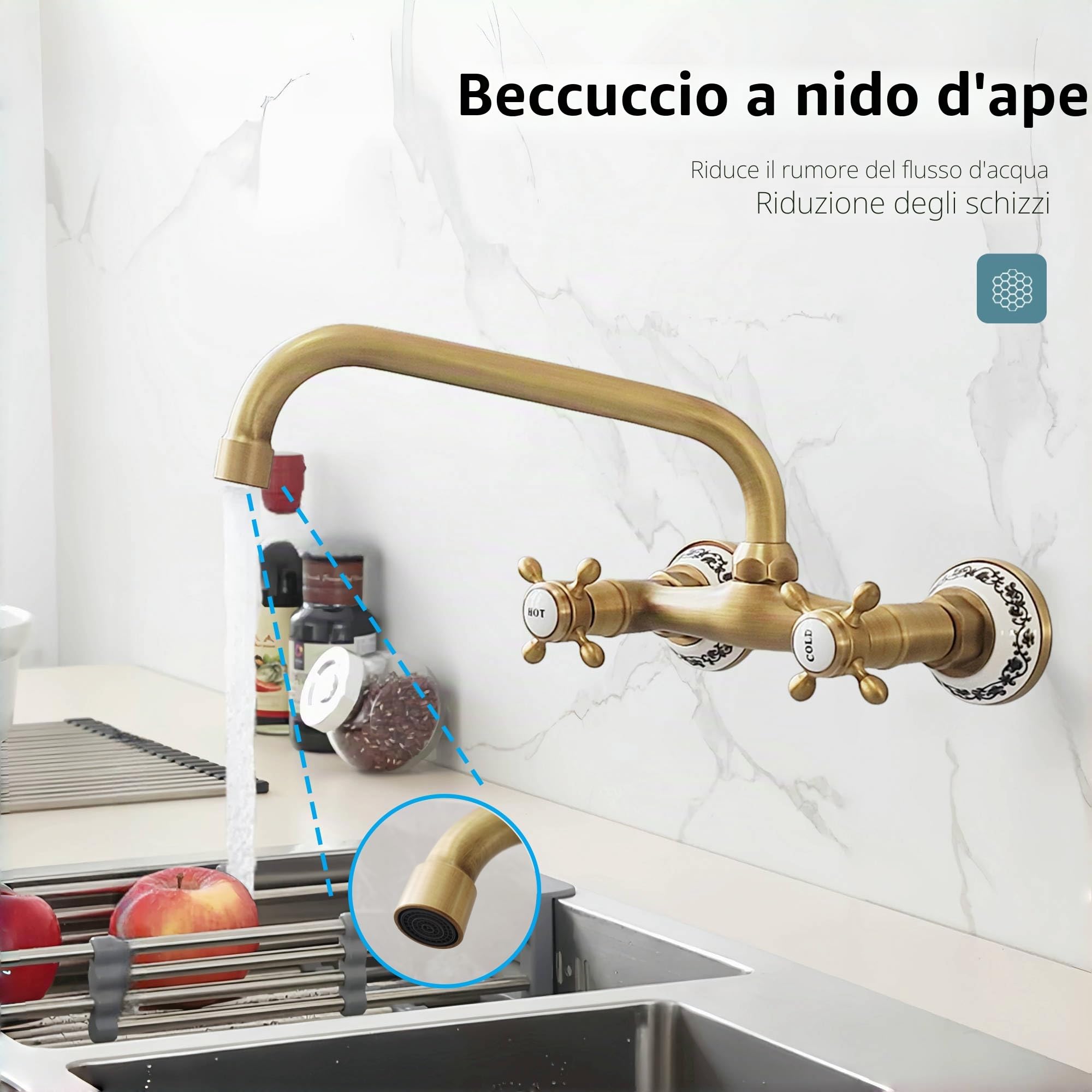 Rubinetto da Cucina a Muro in Ottone Anticato, Vintage Miscelatore Lavello a Parete in Bronzo, Girevole a 360° Doppia Manopola Rubinetti per Bagno e Cucina, Bocca da 23 CM