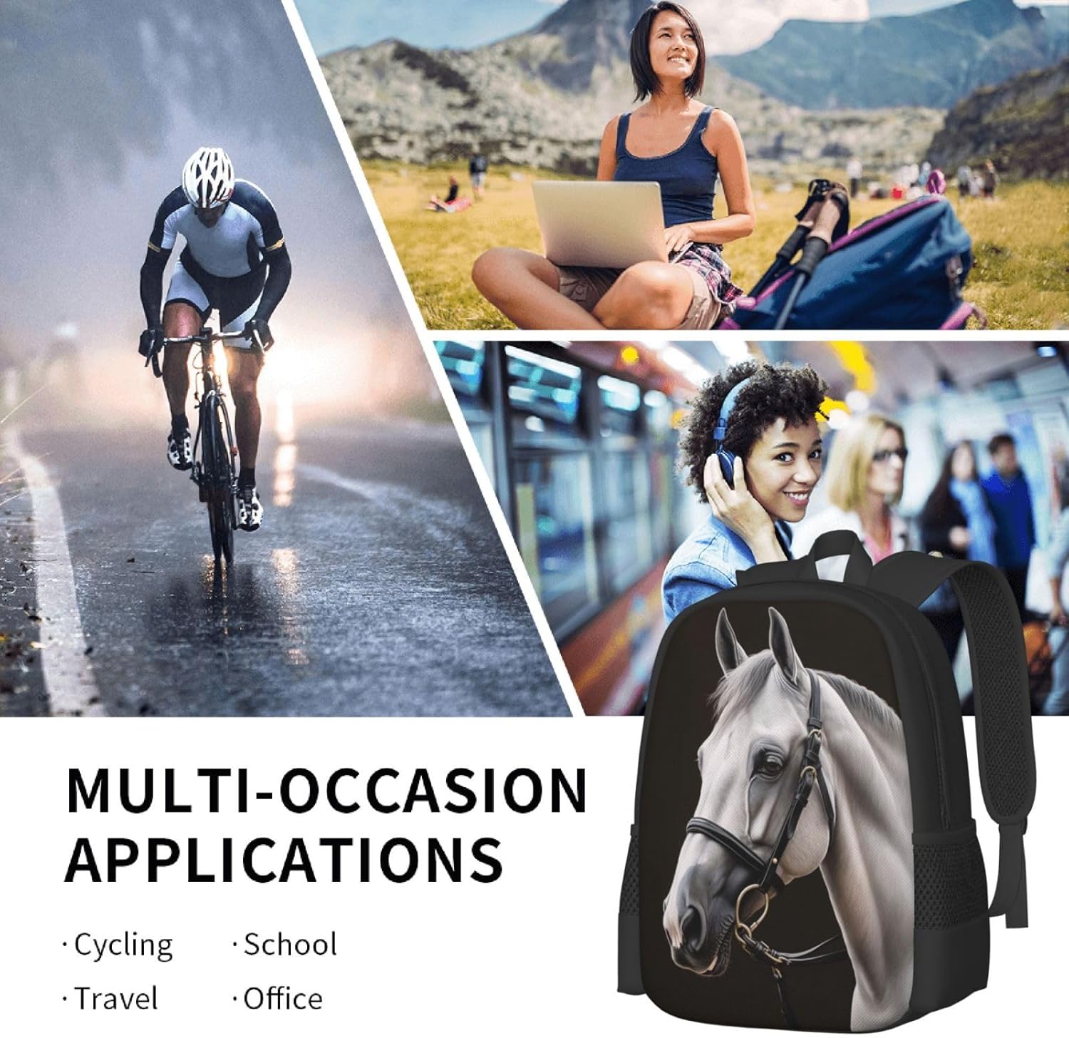 White Horse Backpack, Simple and Aesthetic Bookbag for Women & Men, Lightweight Adjustable Black Backpack for Travel Outdoor Sports, Large Capacity Laptop Bag for Business Office - Image 7