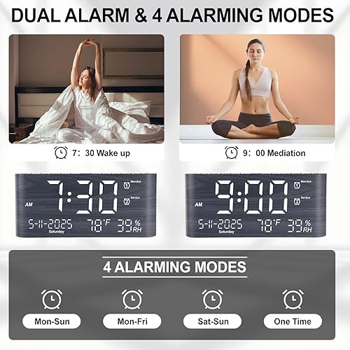 Miniatura 2 de PPLEE Reloj despertador digital de 8.7 pulgadas para dormitorio, reloj digital con día de la semana, mes, año, humedad y temperatura, brillo,