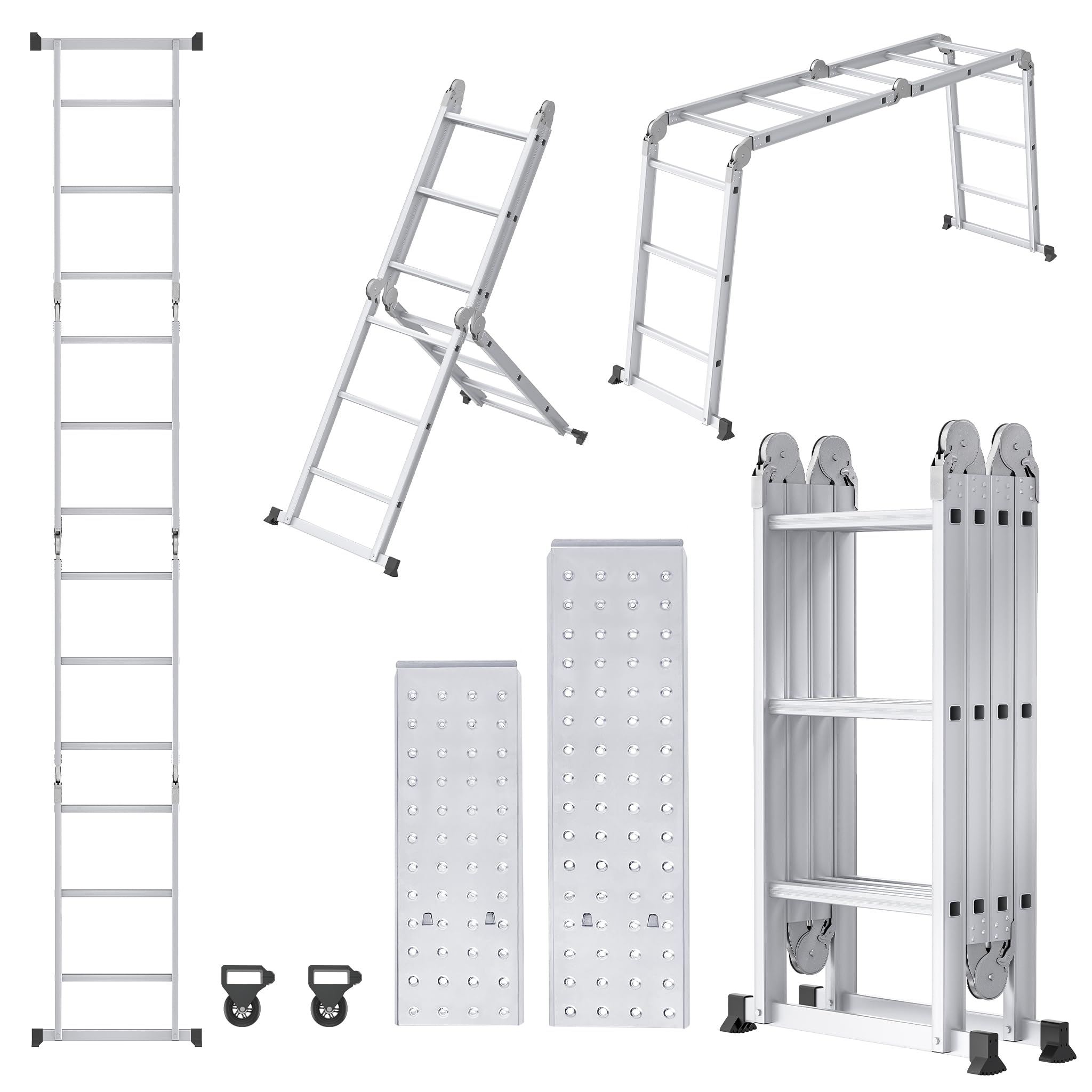 YEATHOR Combination Ladder Multi-Purpose 6 in 1 Telescopic Ladder Aluminium Extendable Foldable Scaffold System with 2 Work Platform, 2 Wheels & 2 Stabilizers for Warehouse Garage, 4x4