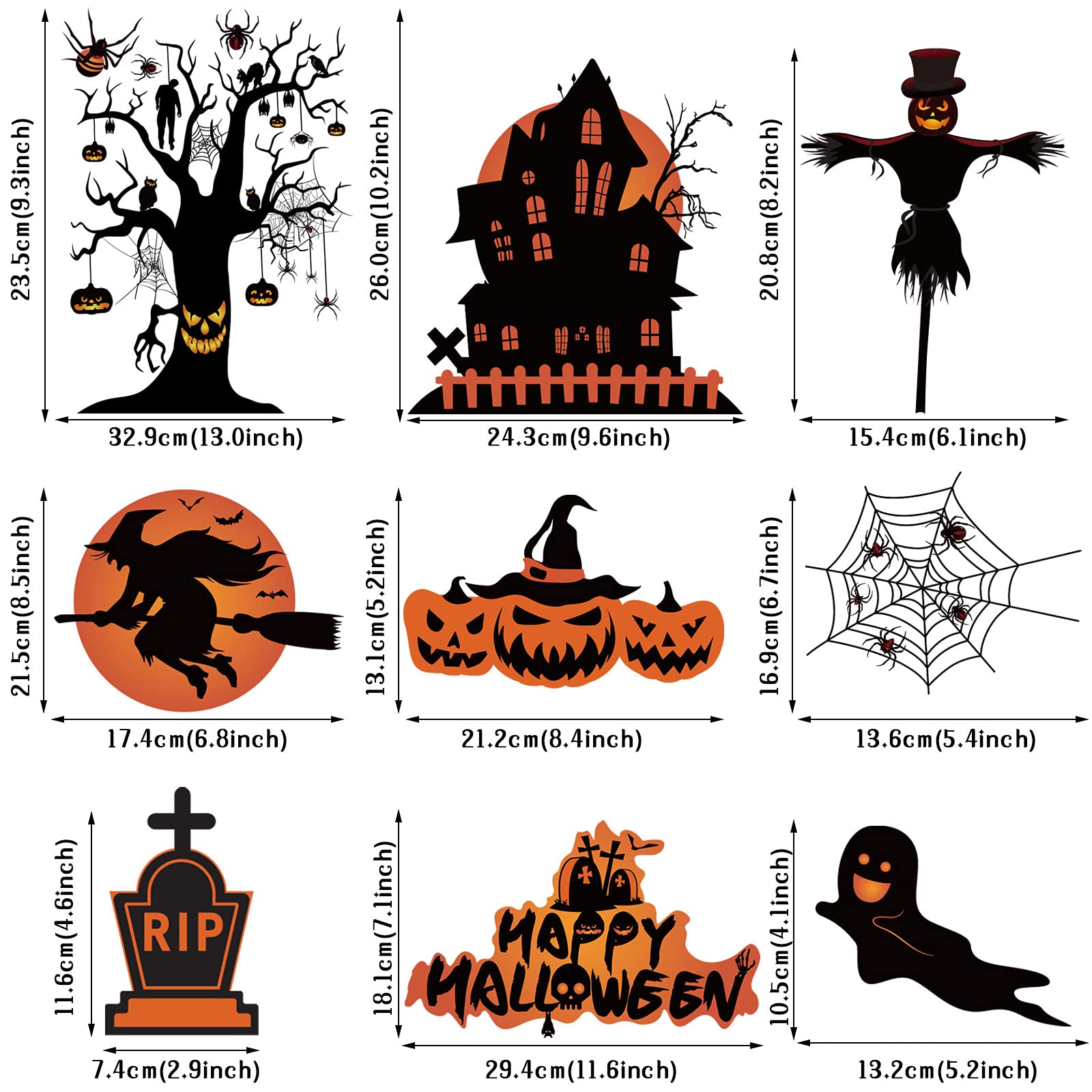 Hianjoo 73 PCS Autocollants Halloween, 9 Feuilles Double Face PVC Halloween Fenêtre Autocollants, Citrouilles, Champignons, Chauves-Souris, Araignées Et Balais Autocollants Pour Décoration D'Halloween