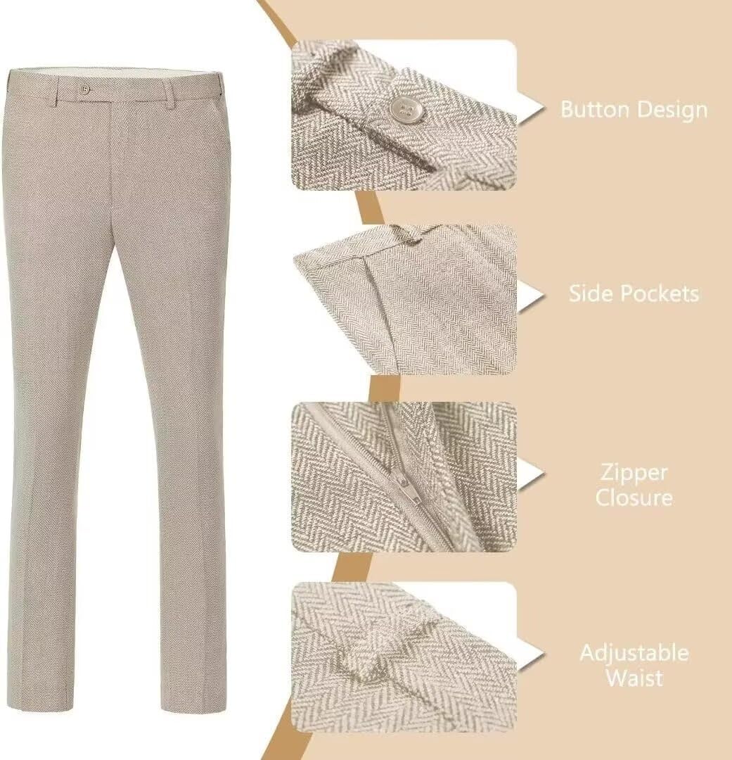 Retro Men Suit 3 Piece Tweed Herringbone Men's Suits Wool Jacket Tuxedos Wedding Grooms Blazer Vest Pants Set Prom - Image 5