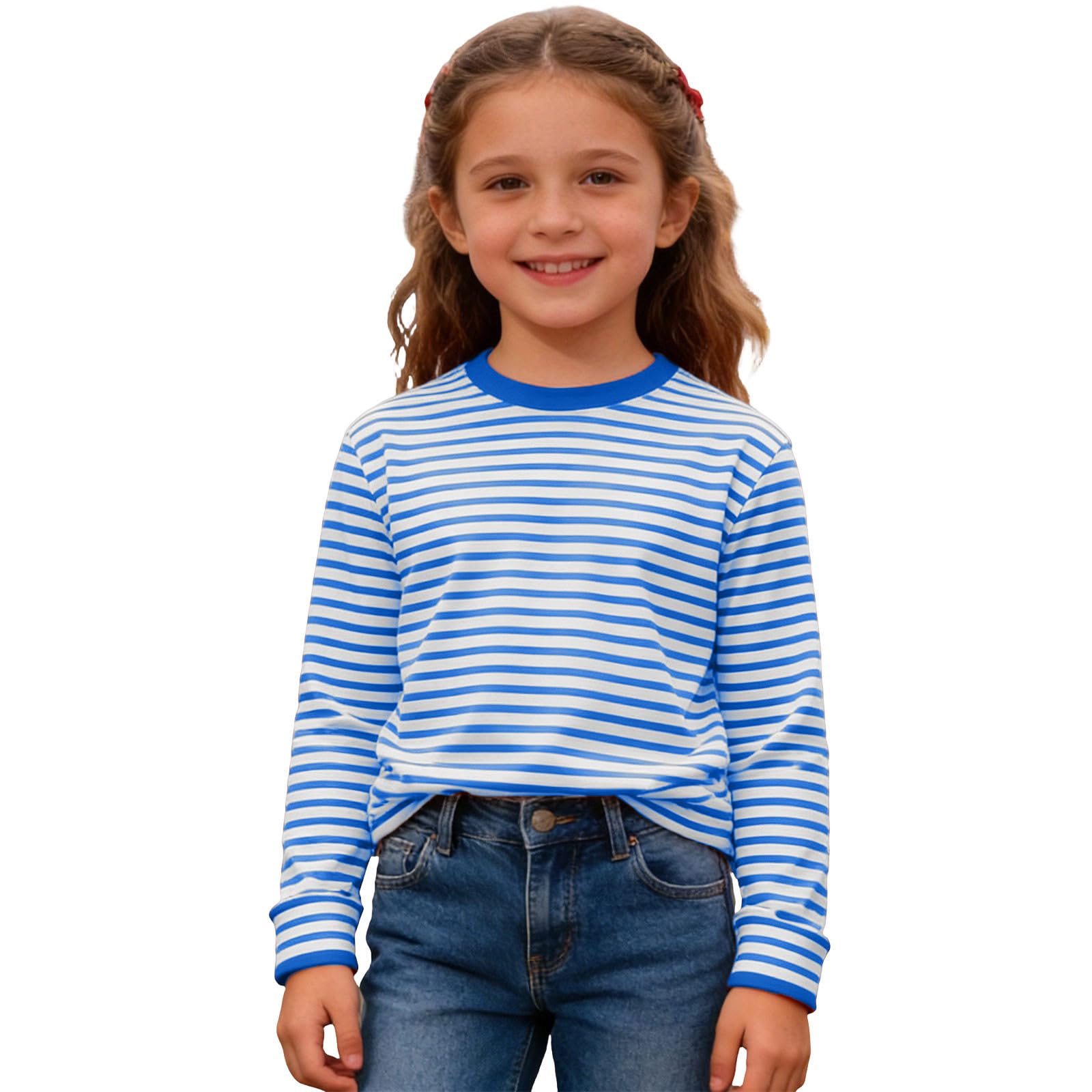 Striped Shirt Children's Red/White Striped Long Sleeve Shirt Girls Boys Shirt Glunker Crew Neck T-Shirt Top Striped Long-Sleeved Pullover Sailors Carnival Fancy Dress Costume 3-14 Years, C light blue