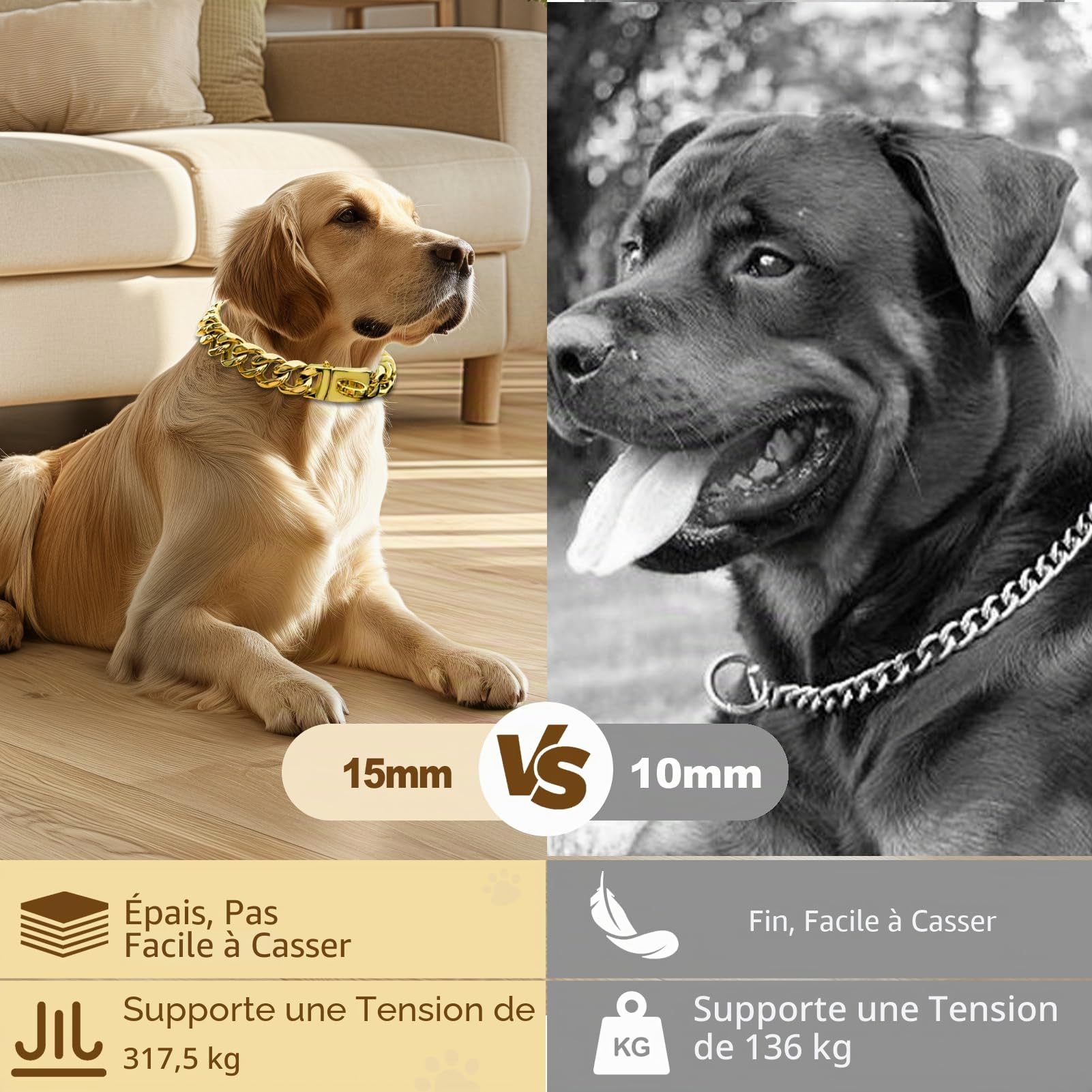 Collier en chaîne pour chien, Collier doré en chaîne métallique, 15 mm de largeur, Collier de chien cubain en acier inoxydable avec boucle pour petits, moyens et grands chiens (25 cm)