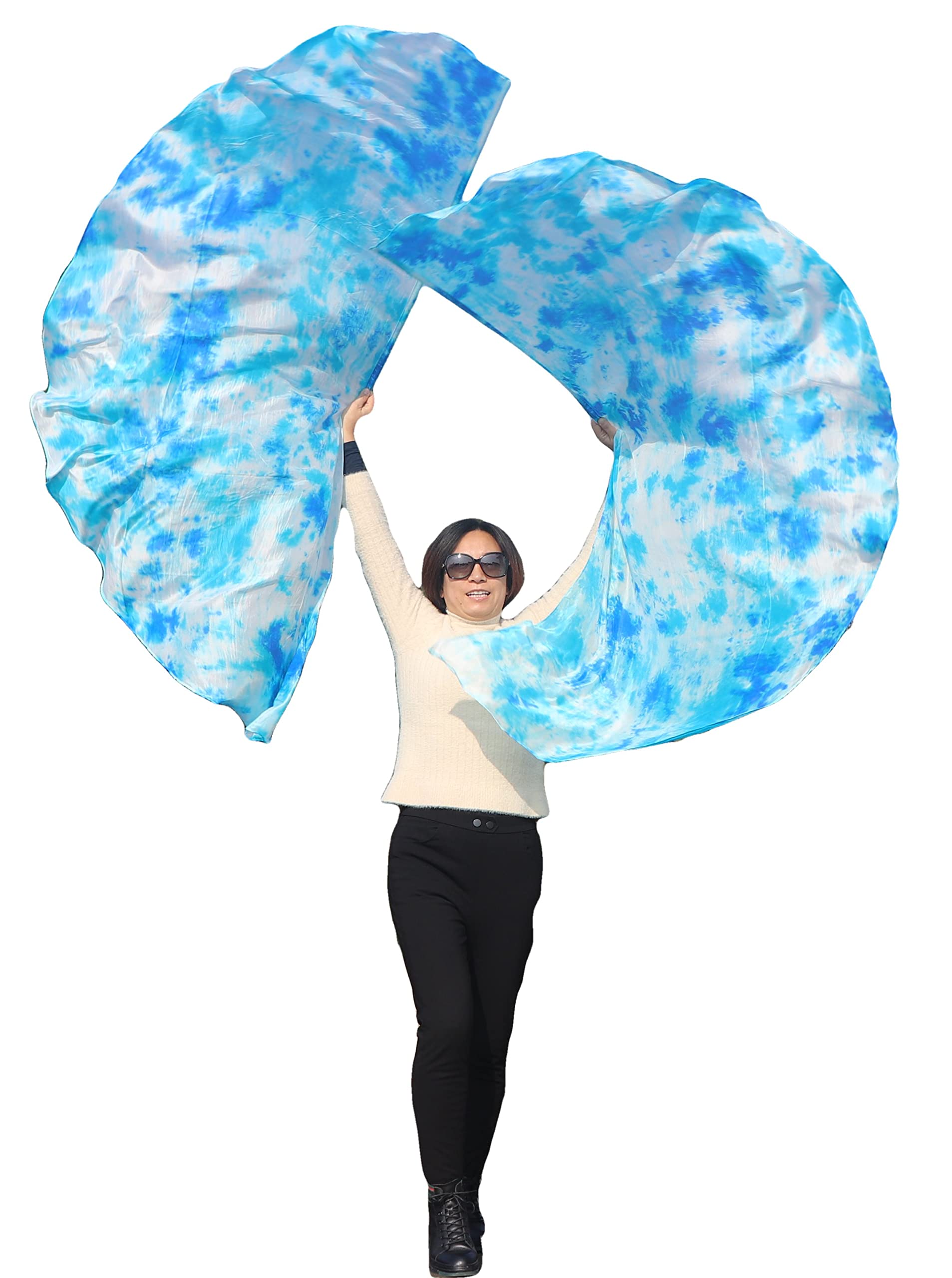 Winged Sirenny Pair 180cm Silk Dance Angel Wings, Lightweight Flow Props for Belly Dance Performances & Events, 70”Half Circle Sheer Silk with Portable Flexible Pole (blue and white) — image 1