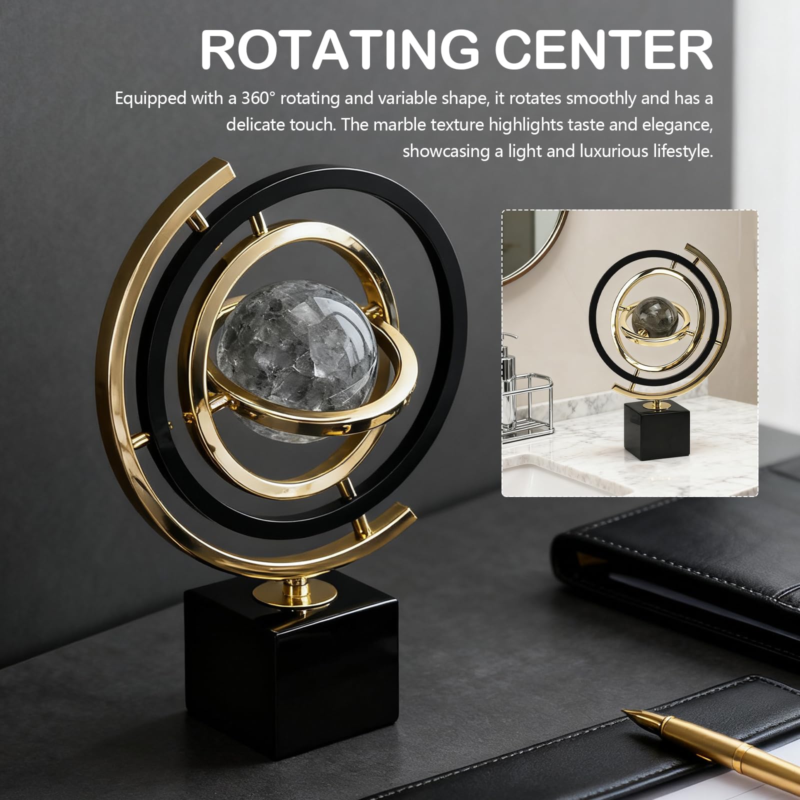 Decorazione Sculture Moderne in Metallo, Sculture di Arte Astratta a Globo Girevole con Supporto Rettangolare, Statua per Scrivania, Libreria e Soggiorno, Nero e Oro