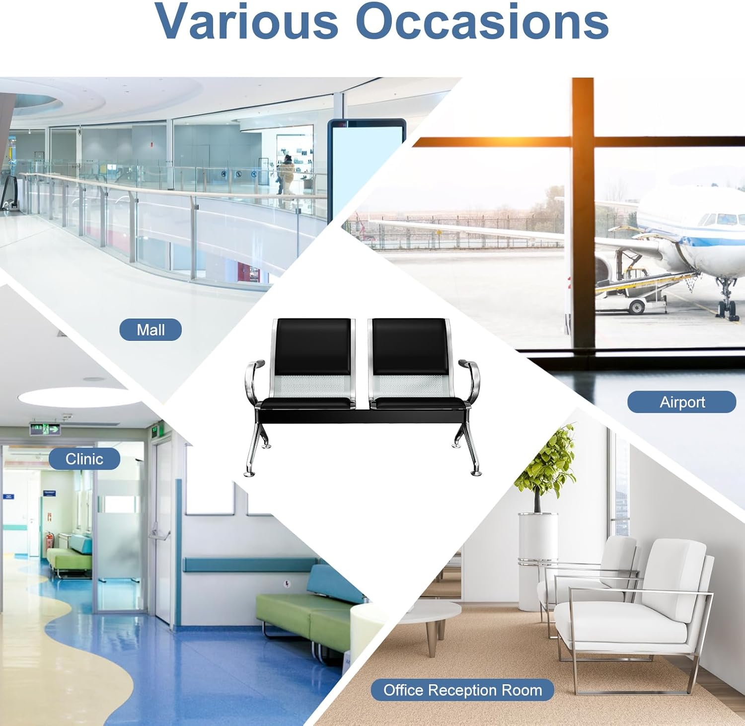 kinbor Office Reception Guest Chair - PU Leather Waiting Room Chair Visitor Guest Sofa Reception Chairs for Office Hall Barber Airport Hospital, Black (2 Seat)