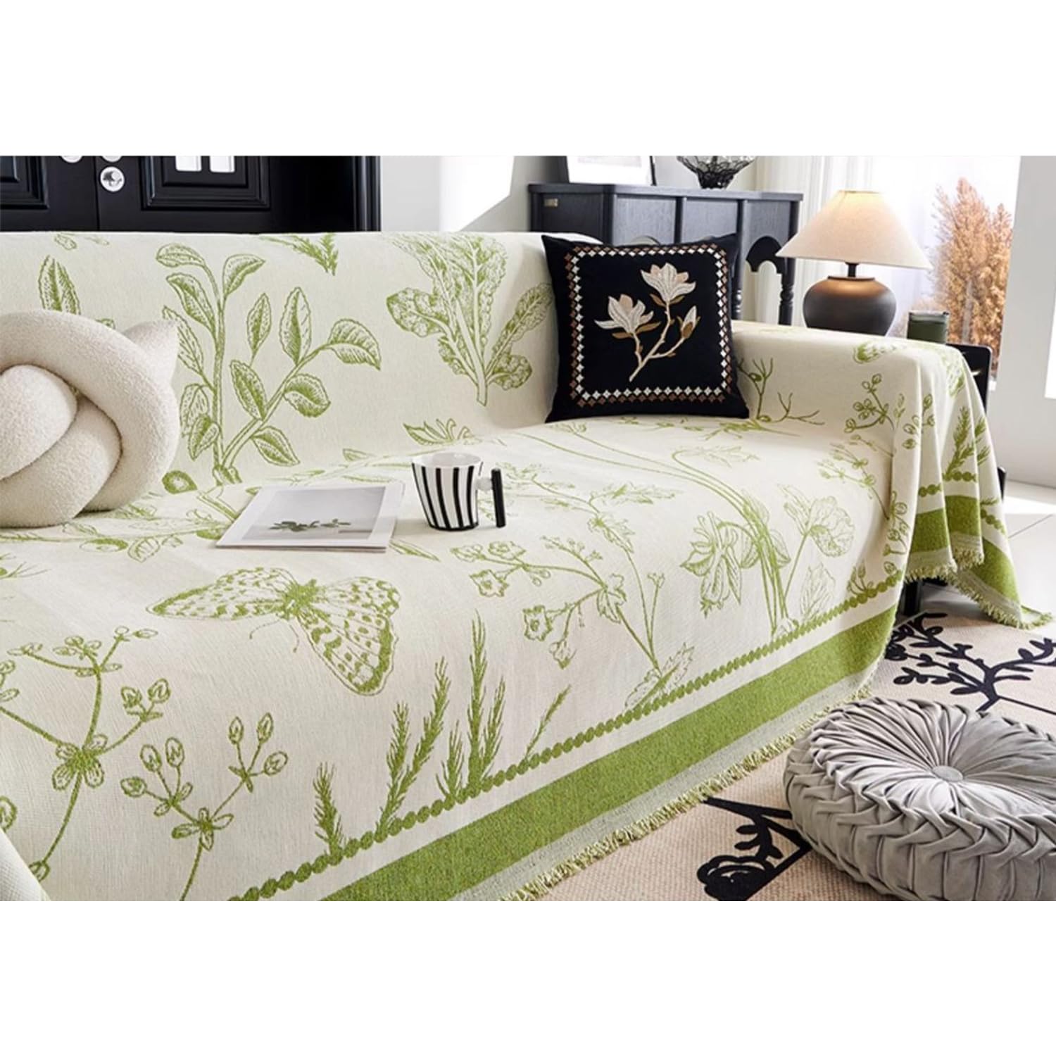 Housse de canapé 3 places en chenille verte 180x420cm lavable