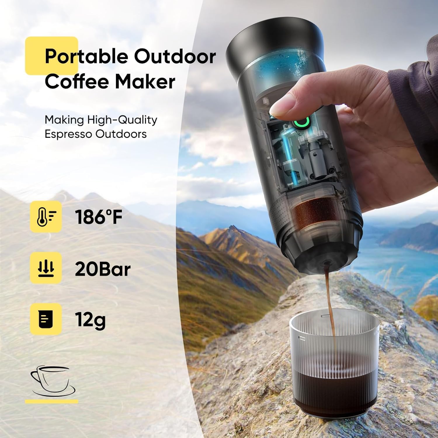 Macchina da Caffè Espresso Elettrica Portatile, Macchina Caffe Portatile 3 In 1 Macchina Caffe, 5 Minuti Auto-Riscaldamento, con USB-C, Compatibile con Piccole Capsule, Grandi Capsule, Caffe Macinato