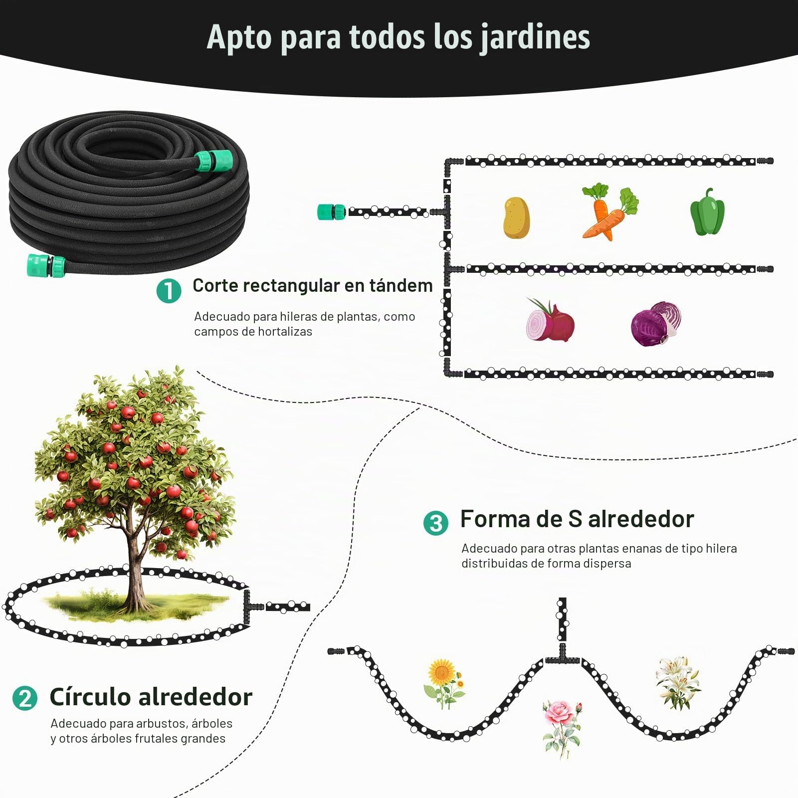 Juego de Manguera de Remojo de 50 m, Juego de Manguera de Goteo, Tubo de Riego por Goteo, Manguera Porosa para Parterres, Huertos e Invernaderos, Color Negro (verde) (negro)