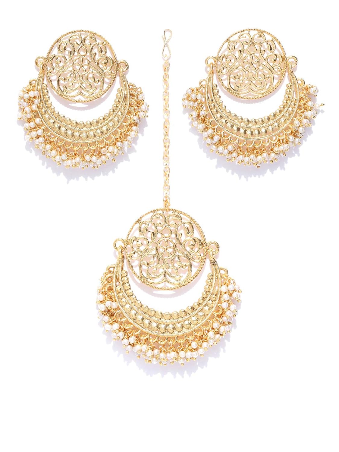 Zaveri Pearls Gold Tone Embellished With Pearls Earring & Maangtikka Set For Women-ZPFK8274