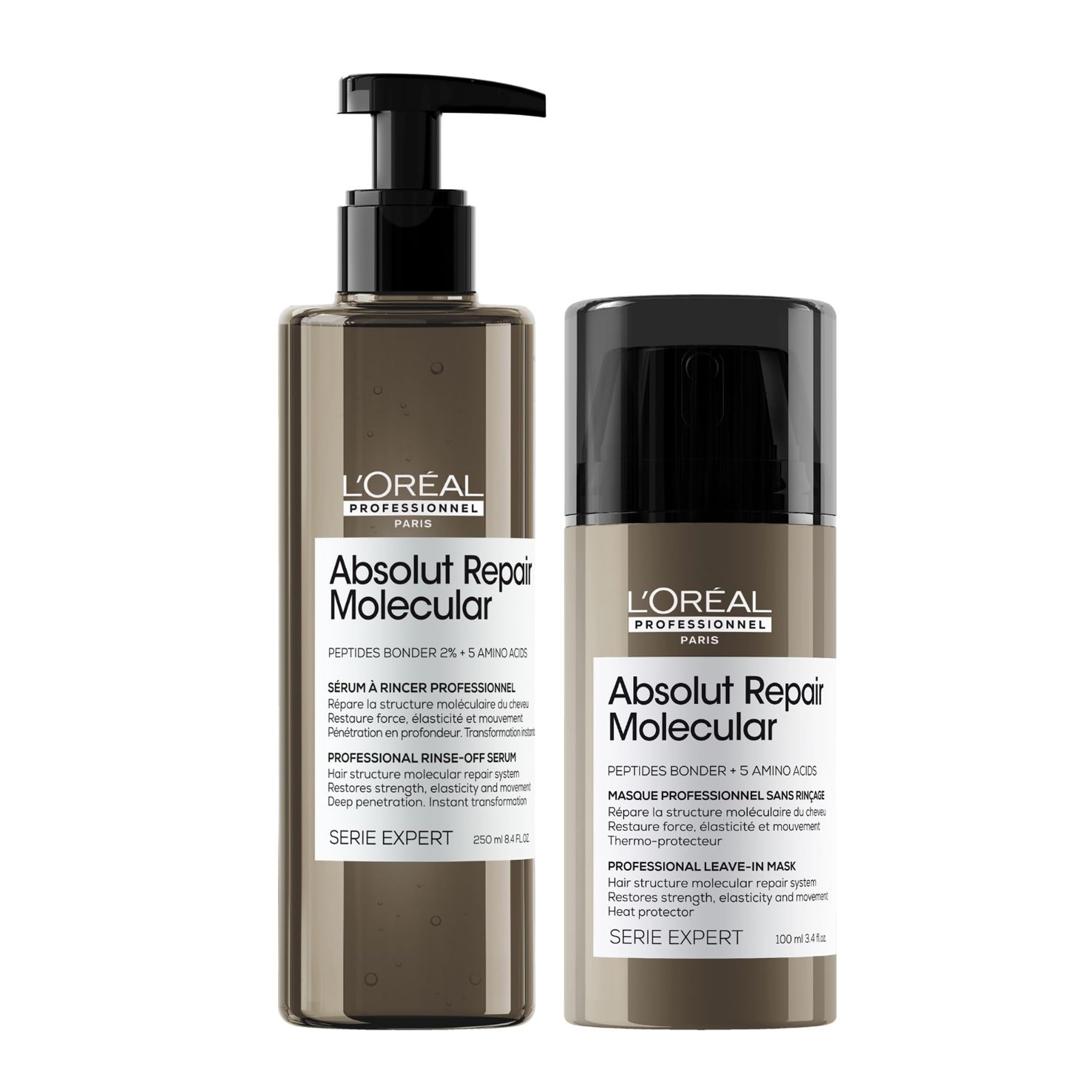 L'Oréal Professionnel Treatment-Set für strukturgeschädigtes Haar, Zur molekularen Tiefenreparatur, Mit Peptidbondern und Aminosäuren, Serie Expert, Absolut Repair Molecular Rinse-Off Serum & Leave-in