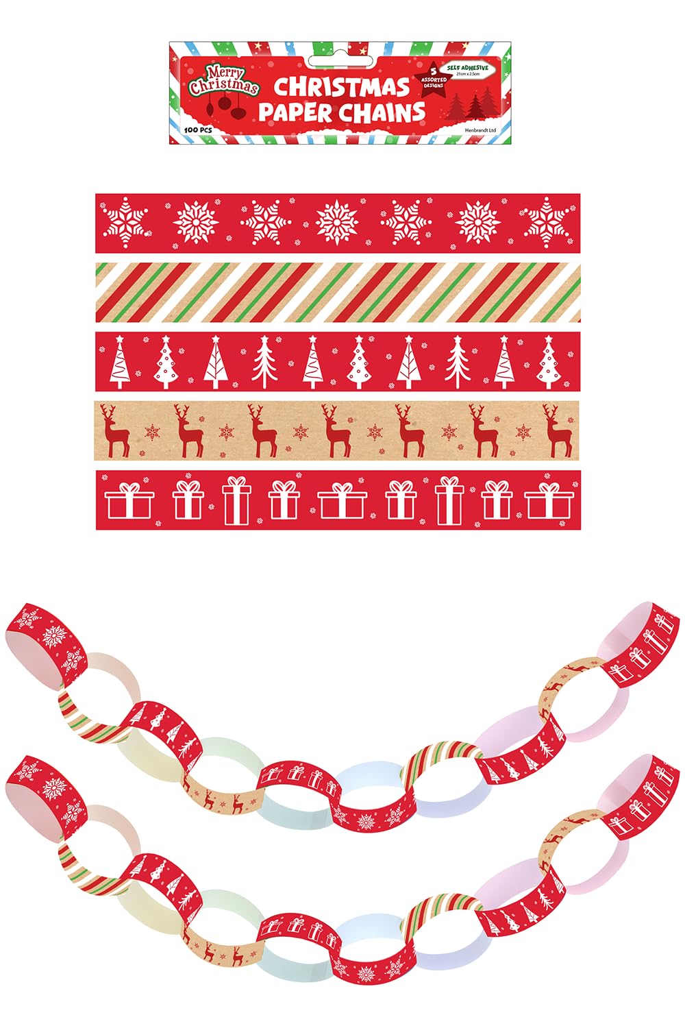 HENBRANDT 300 Christmas Paper Chain Craft Paper Set with Self Adhesive Paper Links Traditional Xmas Paper Decoration DIY Festive Paper Chains for Christmas Holiday Party Decorations
