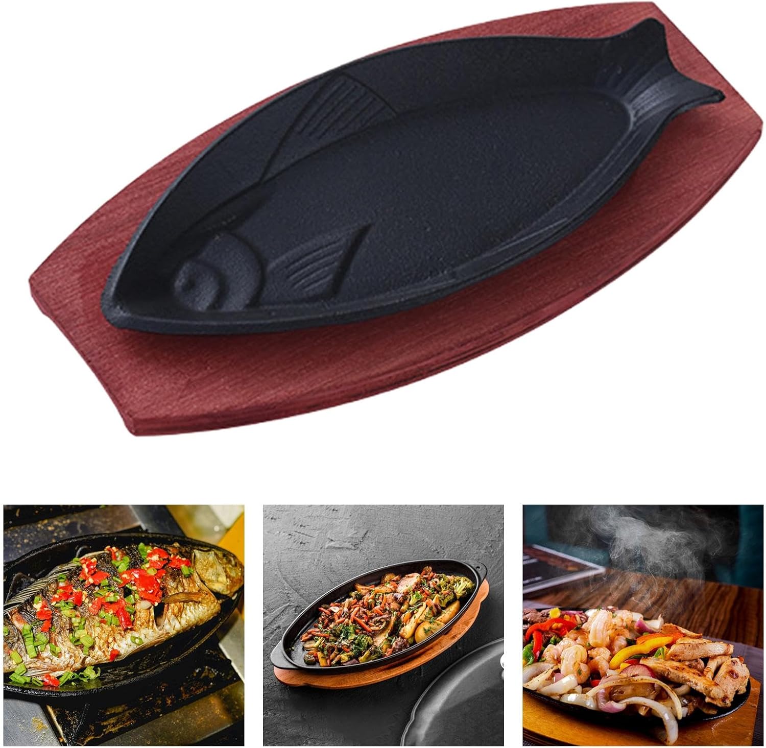 Griddle Steak Fry Plate Sizzling Steak Plate Set Fish Shaped Cast Iron Nonstick Gratin Dish Fajita Sizzling Pan for Kitchen, A