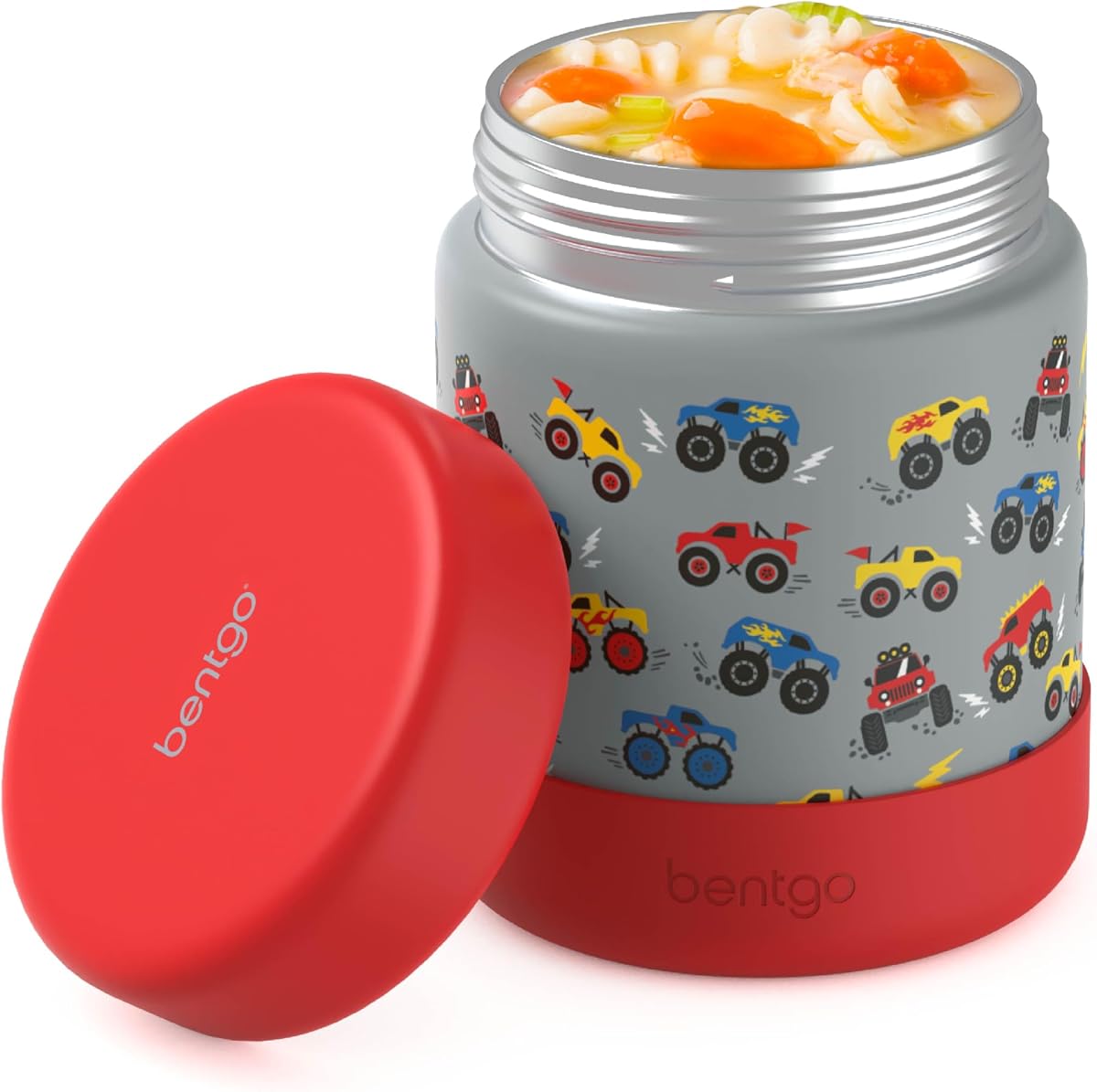 Bentgo Kids Stainless Steel Leak-Proof Food Jar for Hot or Cold Food | 11 fl oz Double Insulated Container with Removable Silicone Bumper, Dishwasher Safe, Easy Open Lid, Ages 3+ (Trucks)