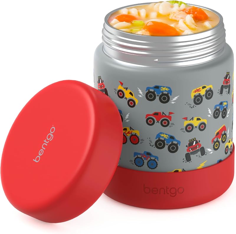 Bentgo Kids Stainless Steel Leak-Proof Food Jar for Hot or Cold Food | 11 fl oz Double Insulated Container with Removable Silicone Bumper, Dishwasher Safe, Easy Open Lid, Ages 3+ (Trucks)