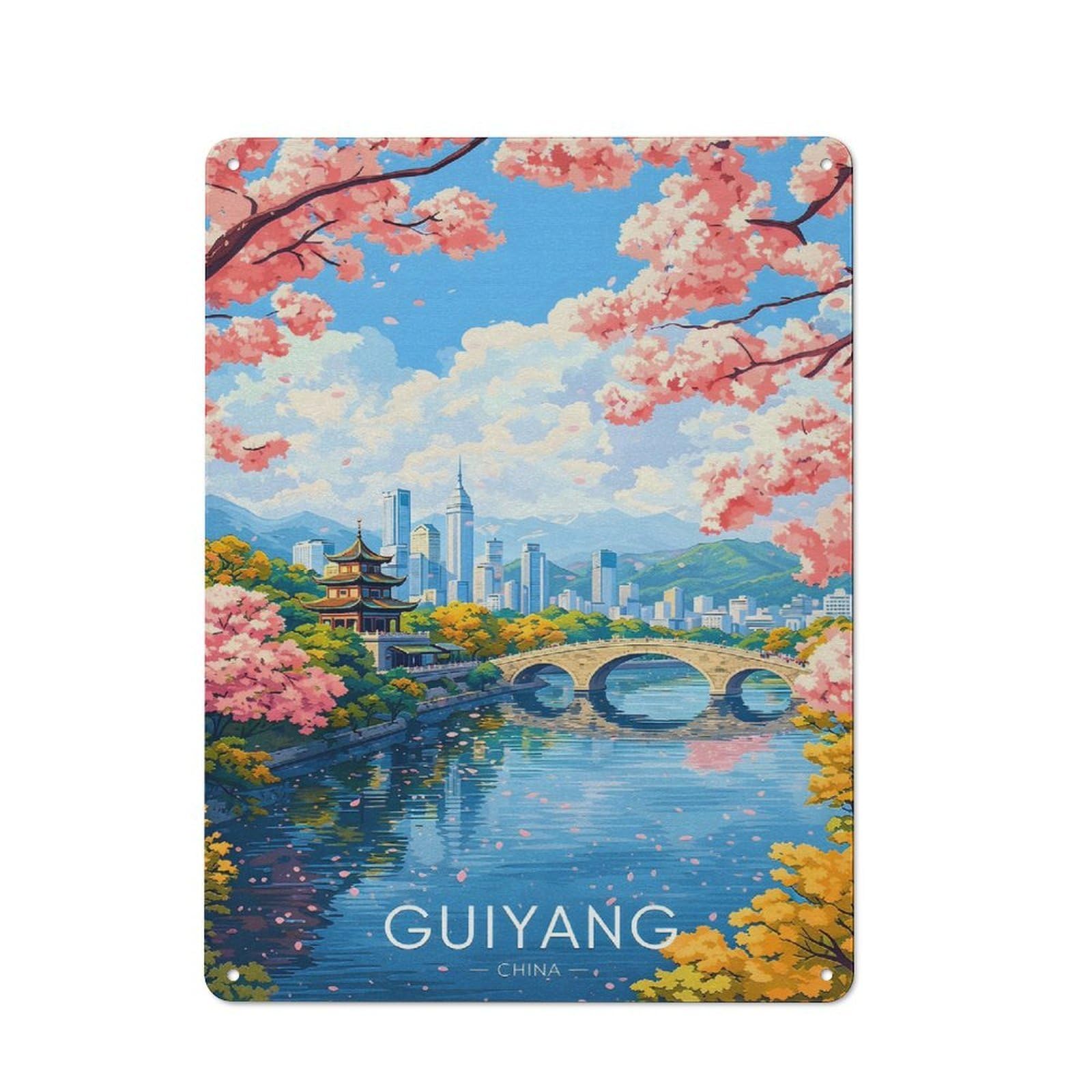 Guiyang Cityscape with Cherry Blossoms Tin Wall Sign 40x30cm, Retro Novelty Wall Art for Bedroom, Kitchen, Office Or Living Room