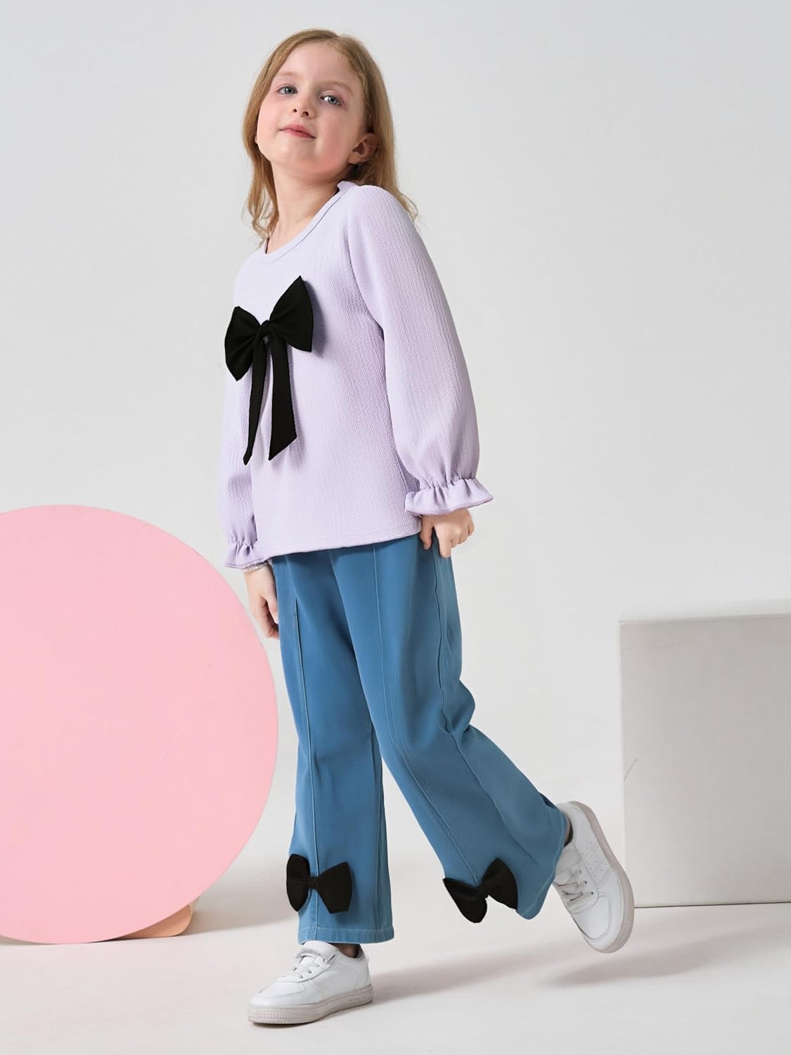 Kid Girl 2pcs Clothes Spring Summer Outfits Cute Sweet Bowknot Long Sleeve Bowknot Top + Denim Pants Set - Image 3