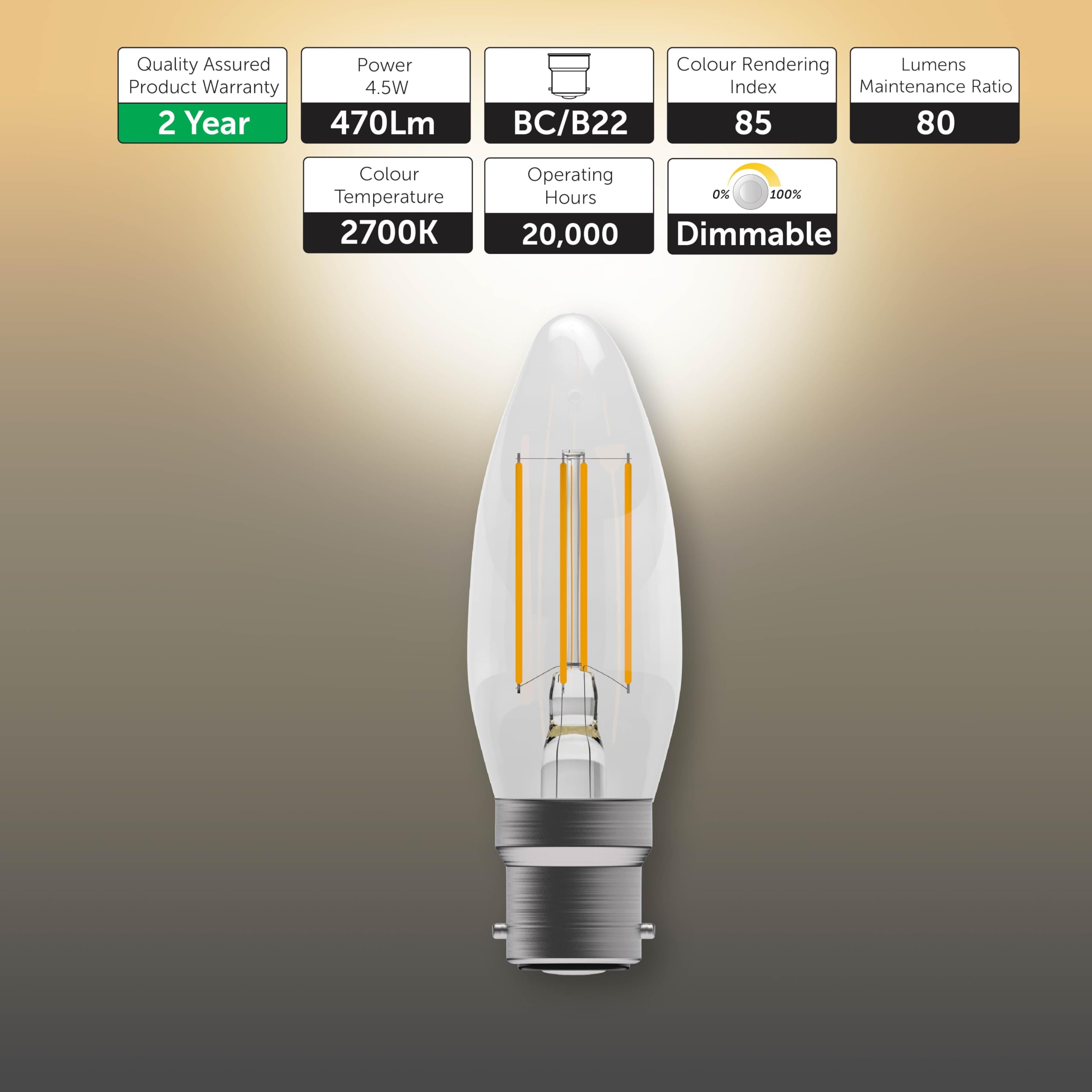 BELL Lighting B22 Bayonet Filament Dimmable Light Bulb LED Candle 6 Pack, Warm White - 2700k - Image 2