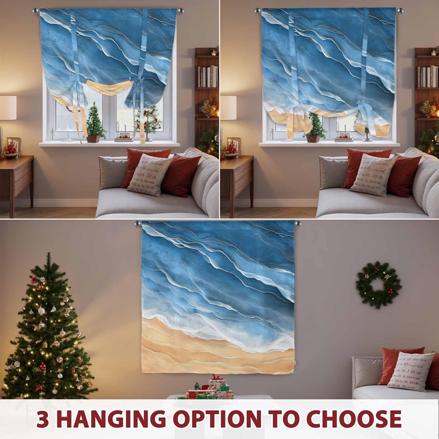 Navy Blue Coastal Beach Tie Up Curtains for Windows 63 Inch Length Balloon Curtains Kitchen Adjustable Balloon Window Shade Summer Nautical Ocean Beige Seaside Tie Up Bathroom Curtain Window 46"x63"