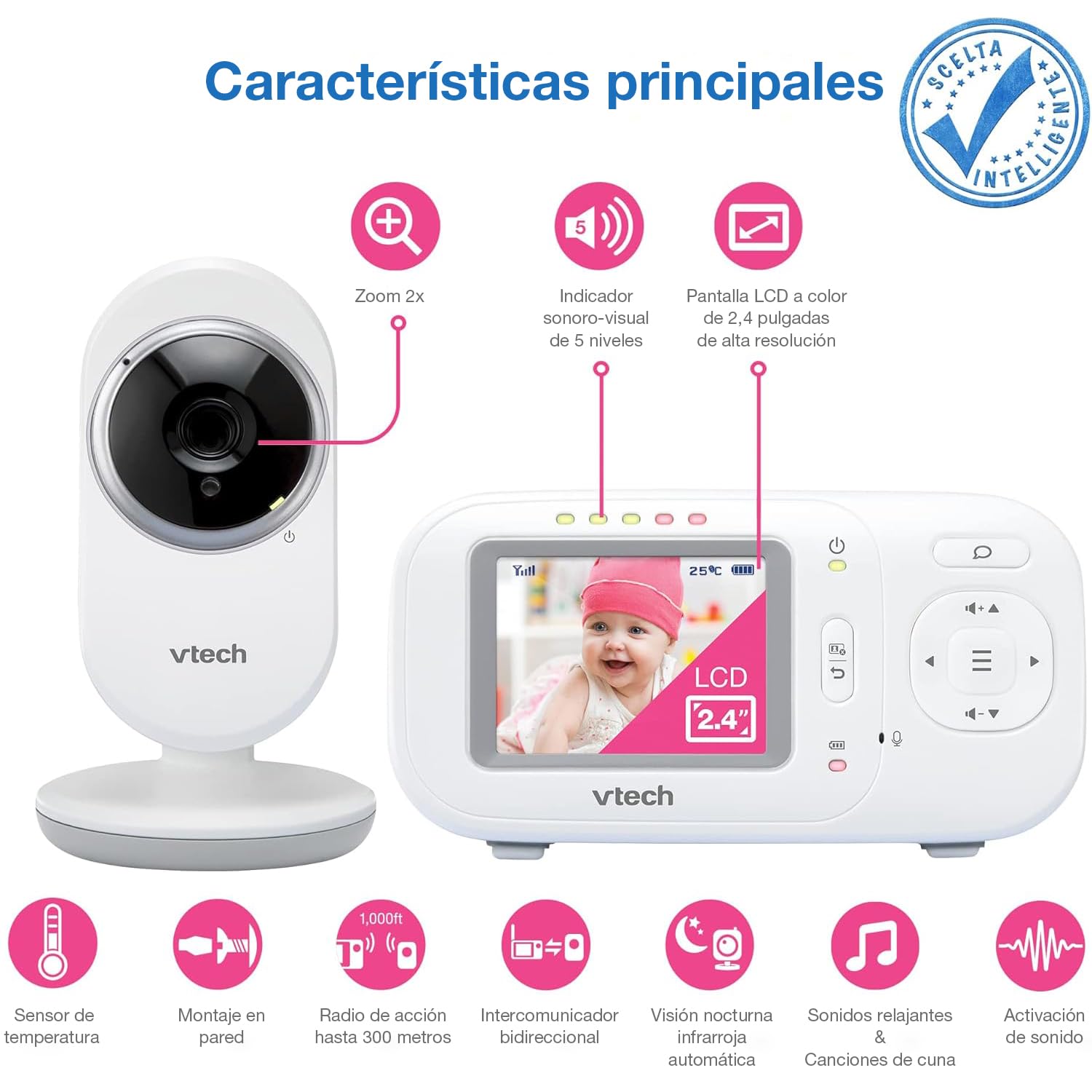 VTech Baby Monitor con Display 2,4", Visione Notturna, Comunicazione Bidirezionale, Sensore di Temperatura, Indicatore Sonoro, Raggio Fino a 300m, Suoni Rilassanti e Ninne Nanne, Senza Wi-Fi: VM320
