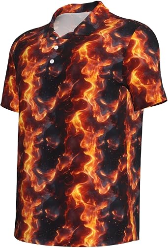 Red Flame Pattern Print Polo Shirts for Men-Funny Golf Shirts for Mens Short Sleeve Polos Polo T Shirts