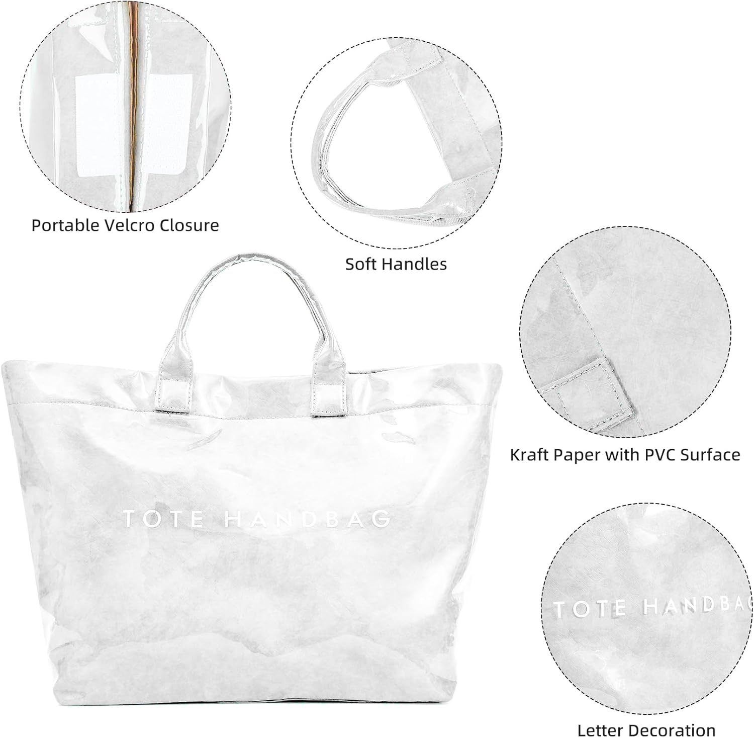 ALUSBELL Large PVC Tote Bag for Women Letters Print Tote Handbag Kraft Paper Travel Shoulder Bag Clear Carry All Hobo Handbag - Image 7