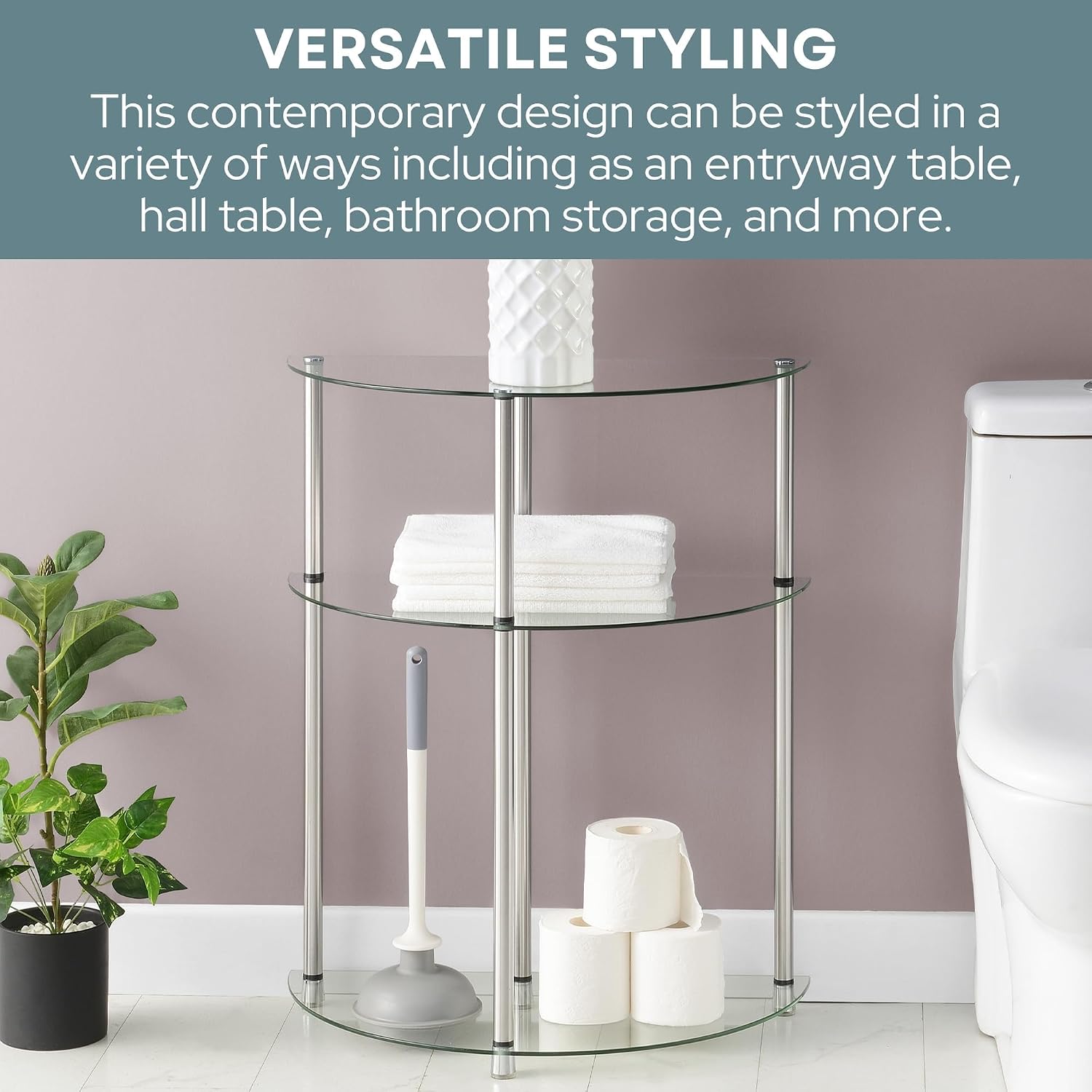 Pemberly Row Contemporary Three-Tier Accent Table, Clear Tempered Glass, Stainless Steel Frame, 30 in H x 23 in W x 12 in D, Modern Living Room Table for Display or Decoration