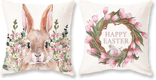TAJWE Fundas de almohada florales de Pascua de 20 x 20 pulgadas, juego de 2 fundas de cojín de flores de primavera, conejo, decoración de conejo