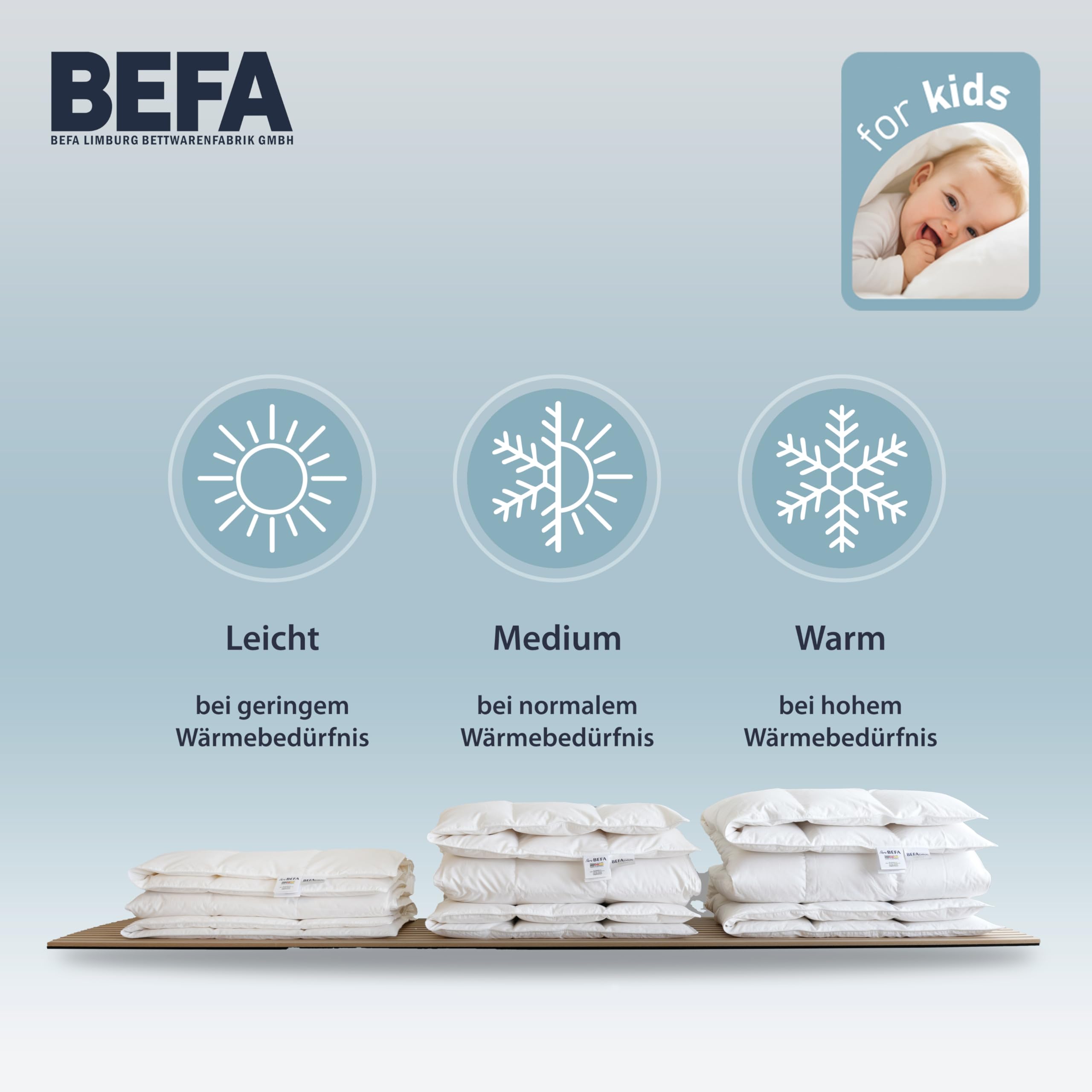 BEFA NATUR Kinderdecke 100x135cm medium | 350g Füllgewicht | 100% Reine Daune | Allergiker geeignet (NOMITE) | DOWNPASS | Oeko-TEX Klasse 1 | Made in Germany