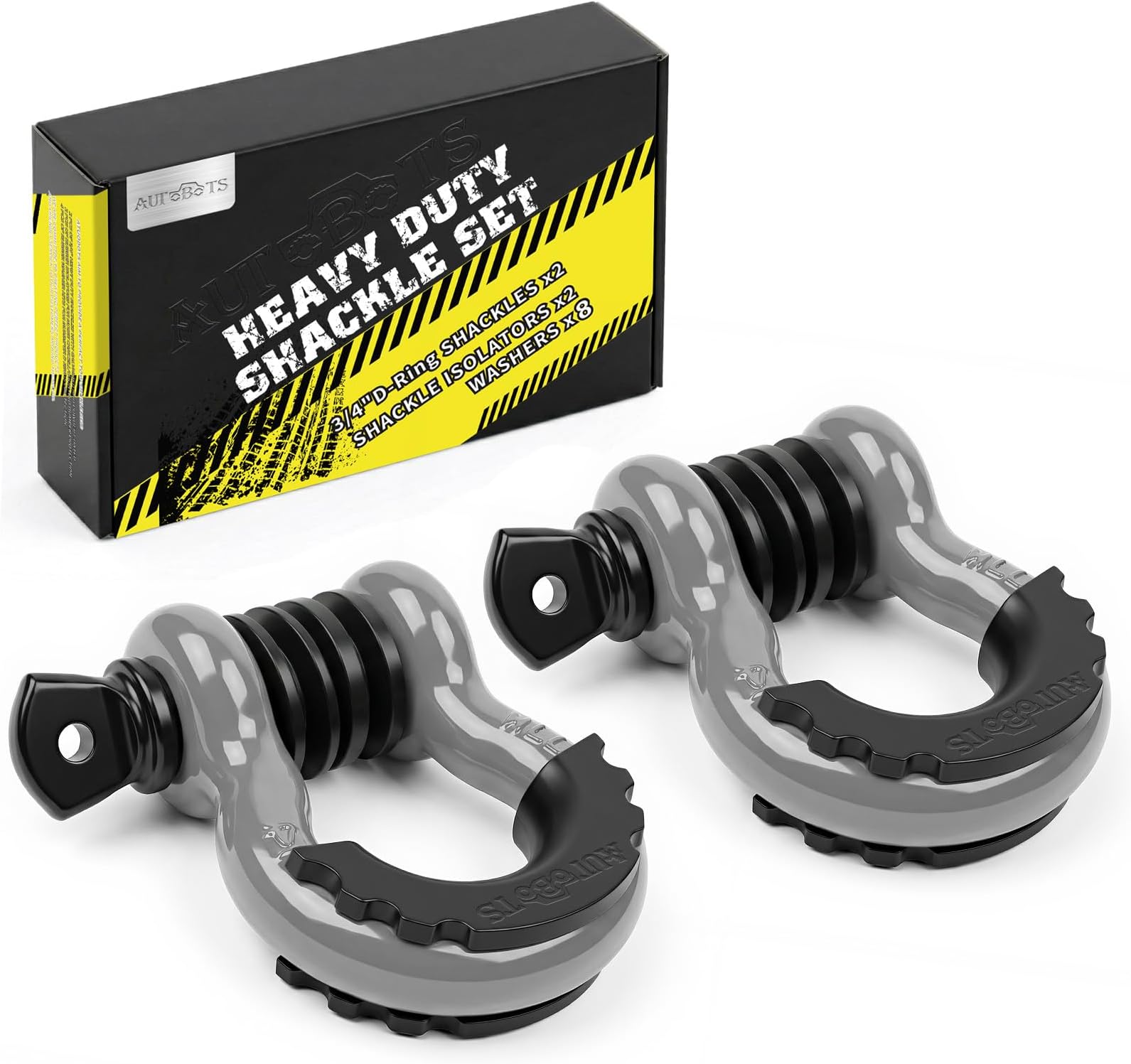 AUTOBOTS Shackles 3/4" (2 Pack), D Ring Shackle 45,000Ib Max Break Strength with 7/8" Pin & Isolator Washers Heavy Duty Clevis Tow Shackle for Tow Strap Jeep Vehicle Off Road Recovery Gray-Black