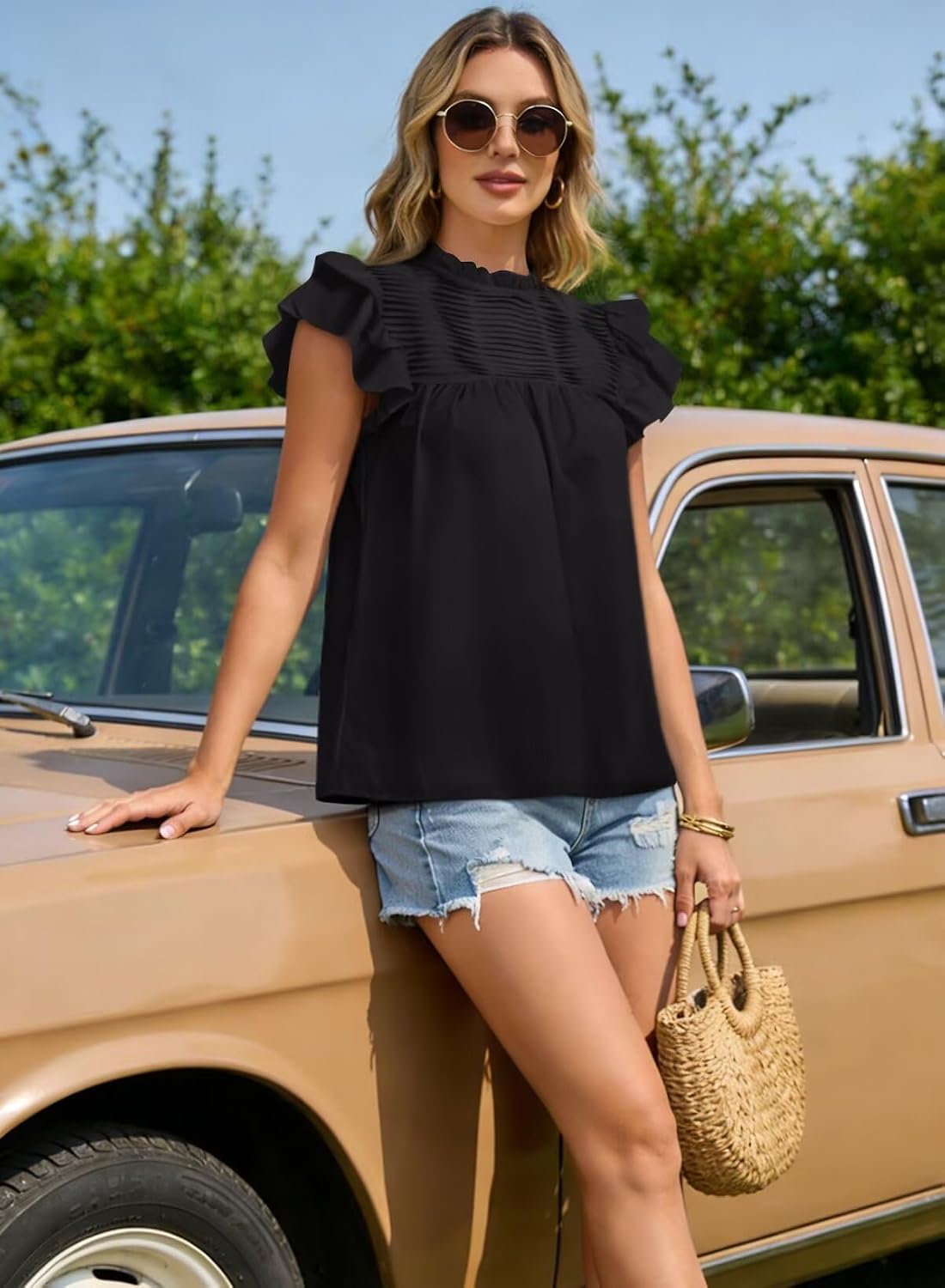 Falechay Womens Summer Tops Plus Size Ruffle Sleeve Blouses Dressy Casual Mock Neck Pleated Tunic Loose Fit Shirts