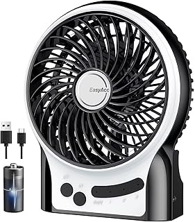 EasyAcc Battery Fan, Portable Rechargeable Desk Fan Strong Airflow Silent Personal Mini USB fan 3 Speeds with Flashlight & Blue Light Table Cooling Fan for Office Traveling Fishing Camping - Black