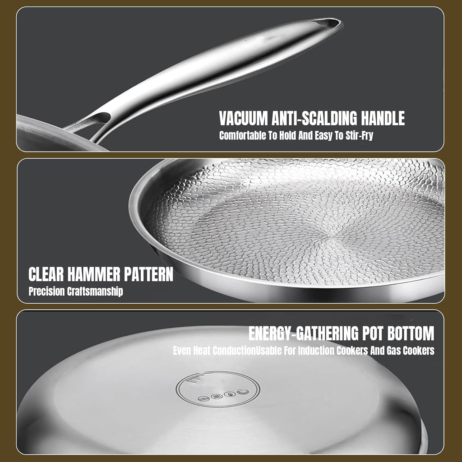 2026 Upgrade Titan Bratpfanne, 26/28/30cm Titan Pfanne Unbeschichtet with Lid, Non-Stick Hammered Wok Titanium Pan, Scratch-Resistant, Even Heating and Suitable for All Hobs (26+28+30CM)