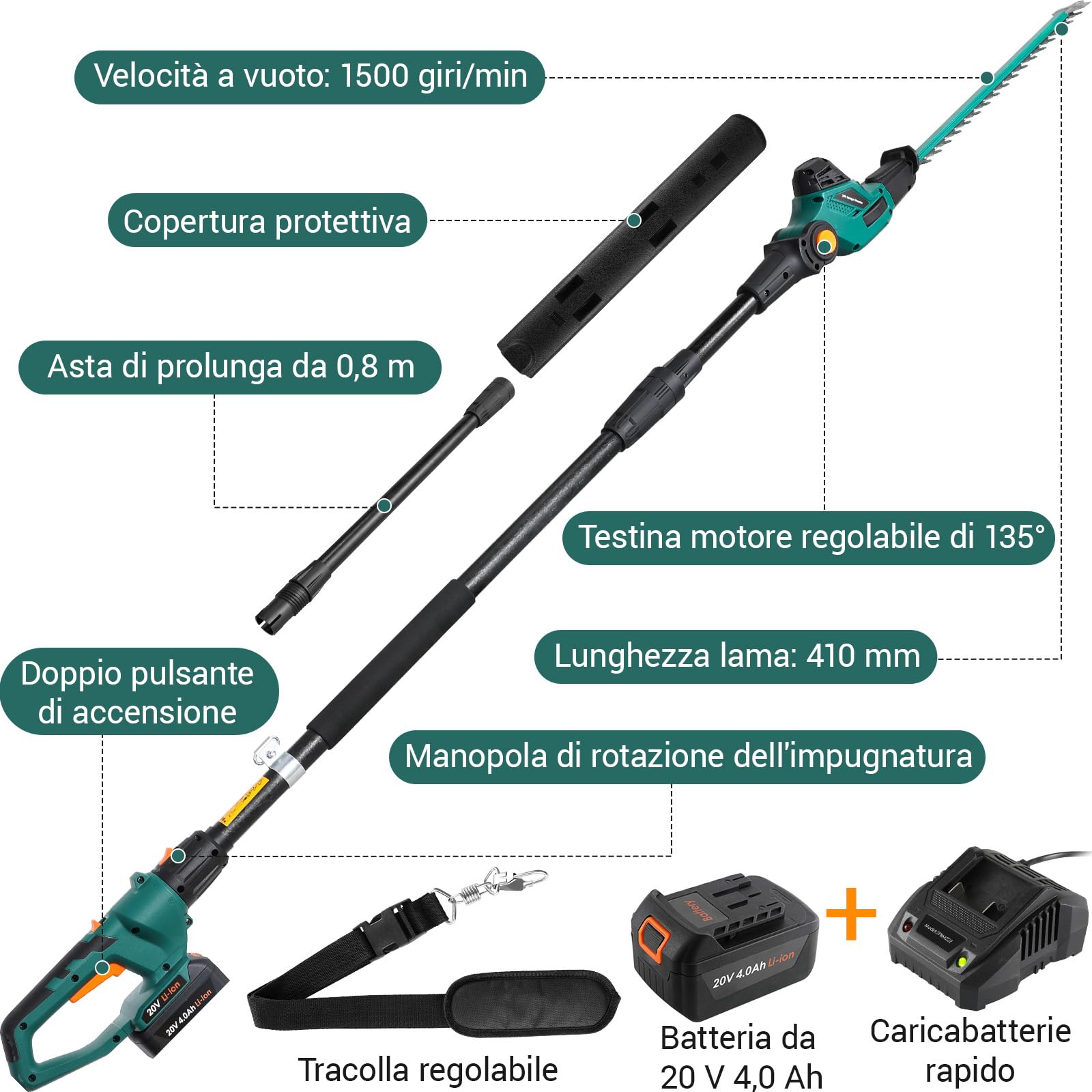 Tagliasiepi Telescopico a Batteria, Tagliasiepi a Batteria, Tagliasiepi Elettrico, Batteria 20V 4Ah e Caricabatterie, Lama 45cm, Passo 16 mm, Testa Pivotante con 7 Posizioni