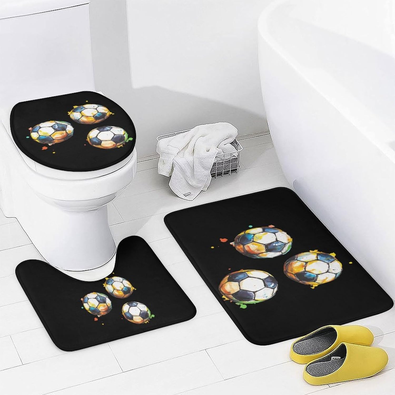 Soccer Balls Sports Footballs Bathroom Sets with Shower Curtain and Rugs 4 Piece with U-Shaped Floor Mat Toilet Lid Cover