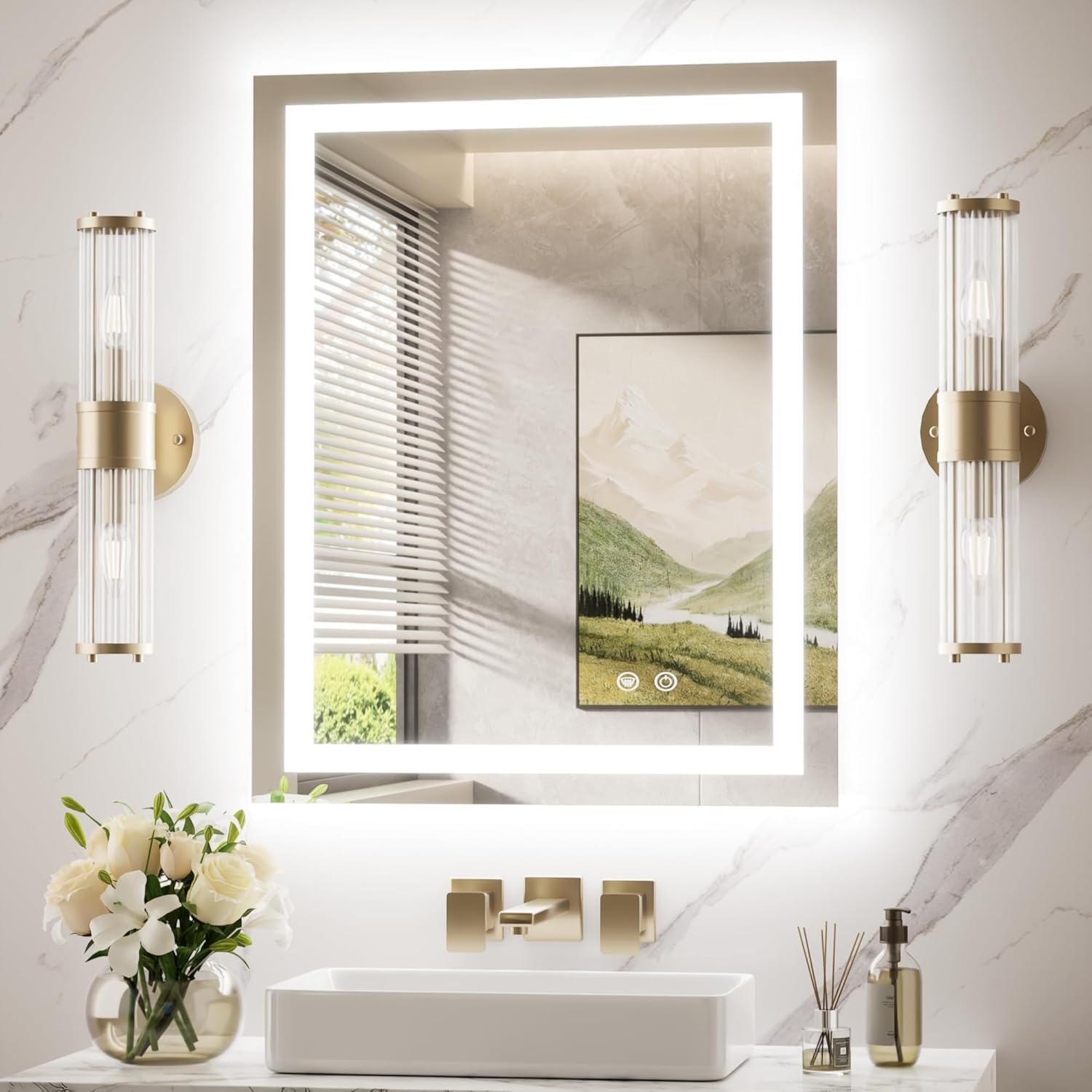 TokeShimi 24x30 LED Bathroom Mirror with Lights,Front Lit + Backlit,Anti-Fog LED Mirror for Bathroom,Stepless Dimmable 3-Color Light,Tempered Glass,Memory,UL Listed,Waterproof 30"L x 24"W