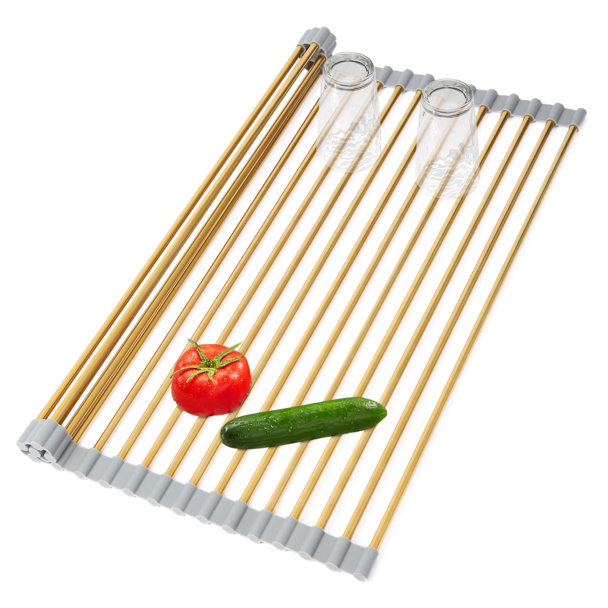 CHIRISEN Scolapiatti telescopico da arrotolare, cucina sopra il lavandino, scolapiatti multiuso in silicone antiscivolo in acciaio inox 18 tubi 33 x 29-55 cm