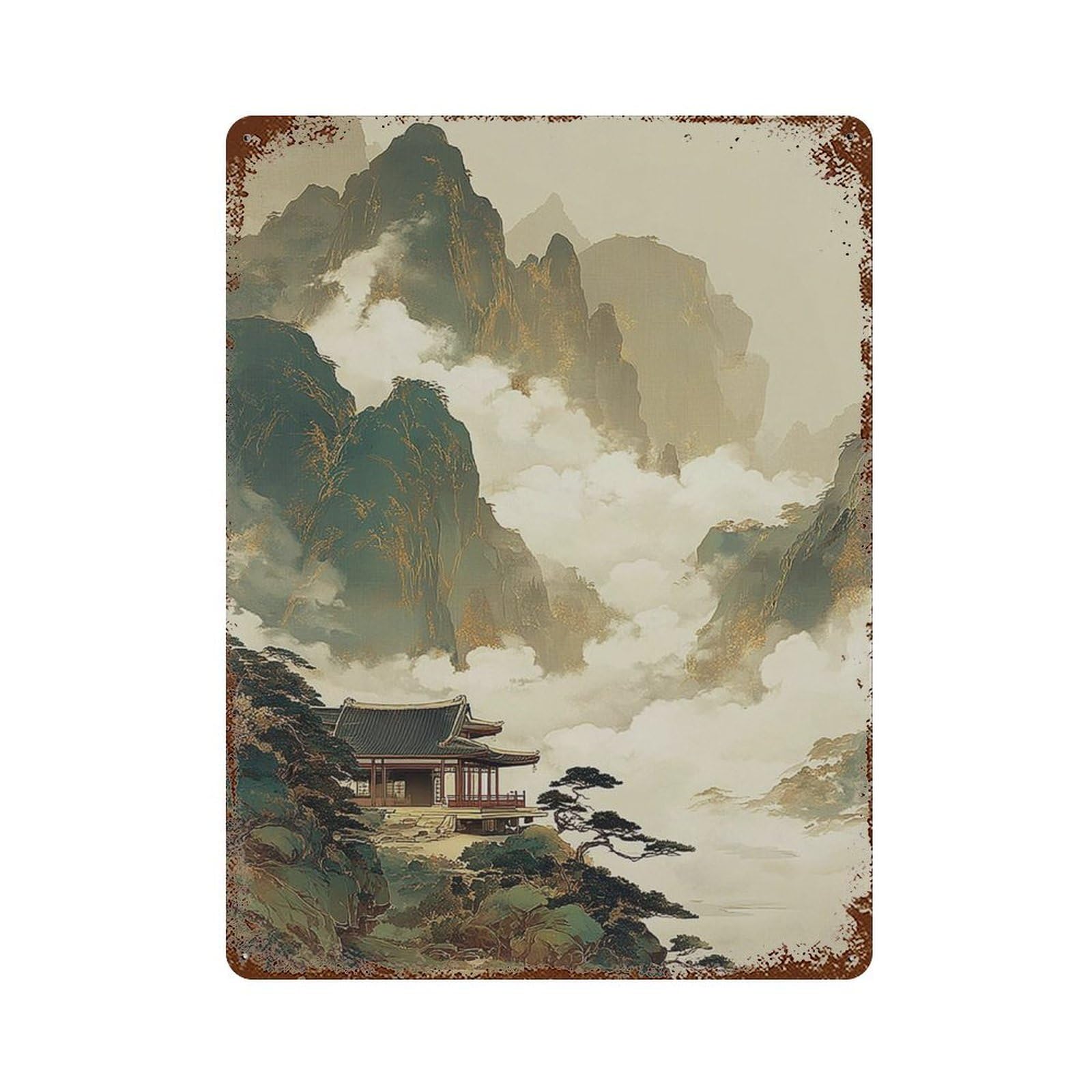 xiaoxiaoshen Japanese Mountain Temple Zen Landscape Ink Wash Style Oriental Nature Scenery Tr Wall Decor Art Metal Tin Poster Modern Home Decor Art Home Bar Shop Decorations Vintage Sign 40x30cm