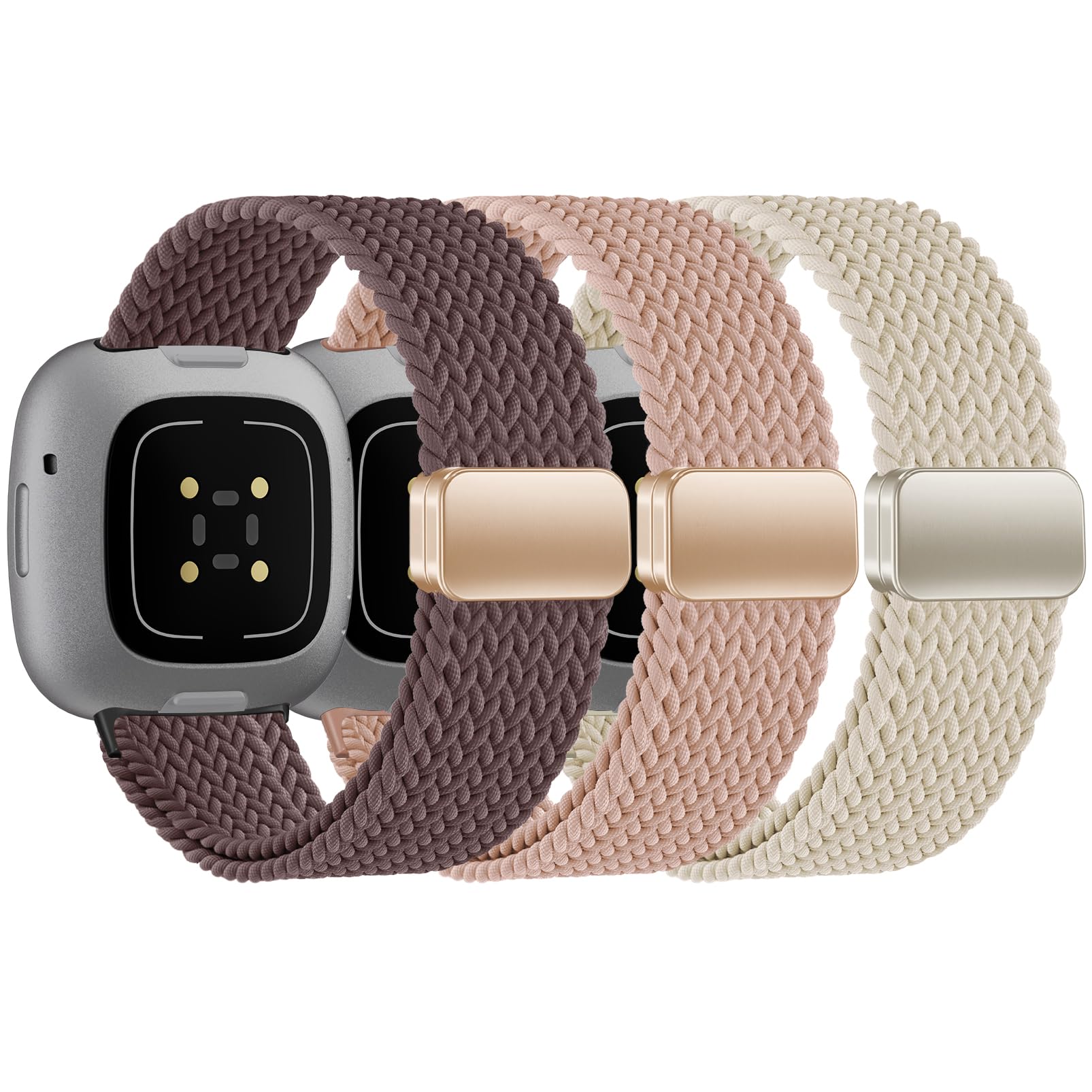 HSWAI Magnetic Braided Compatible with Fitbit Versa 4 Bands for Women/Versa 3/Sense/Sense 2 Bands, Soft Stretchy Sport Strap Woven Loop Elastic Nylon Wristbands Men