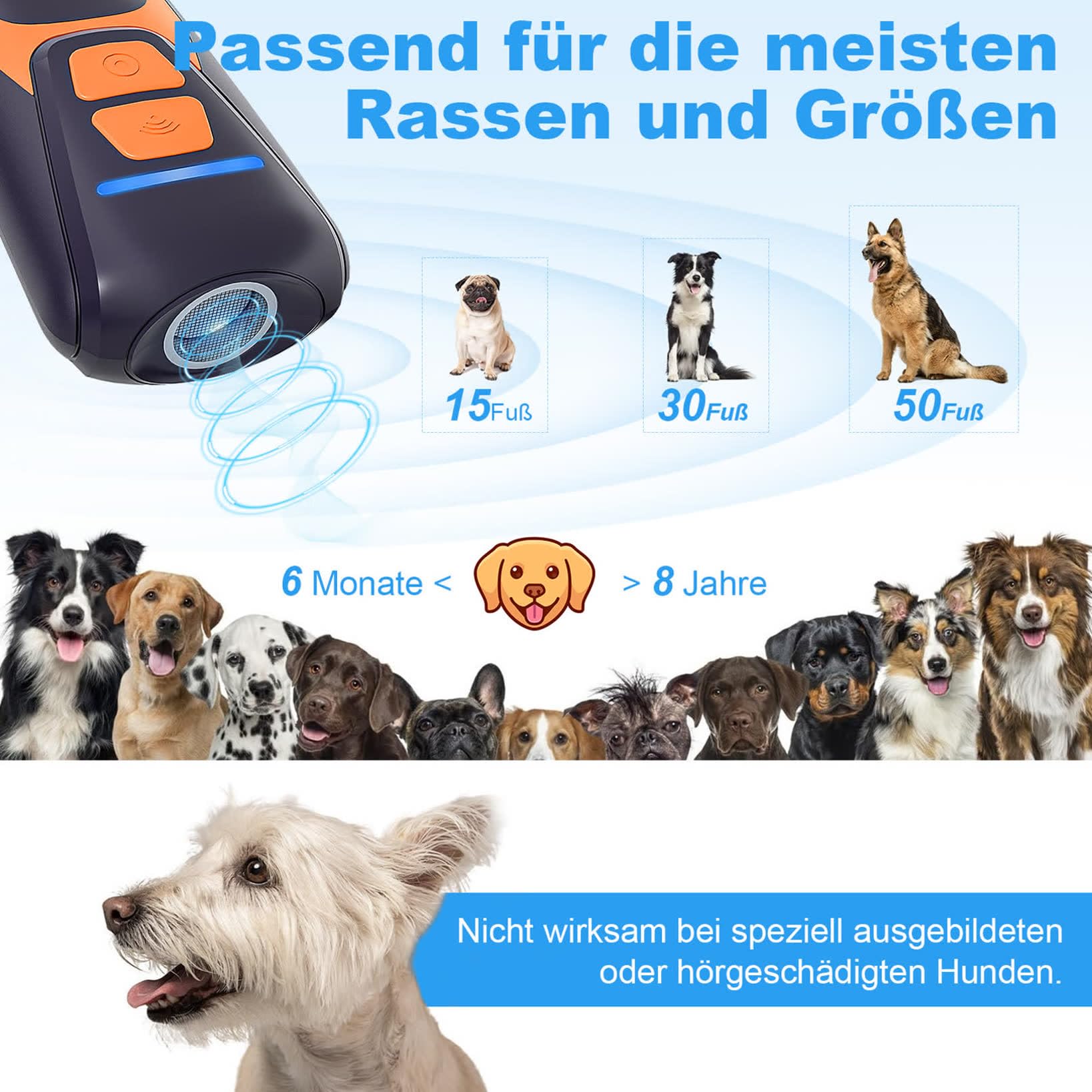 Anti-Bell-Gerät für Hunde, Ultraschall-Abschreckungsgerät gegen Hundebellen, Hunderindenstopper für Hunde, 15 m Reichweite, Wiederaufladbar Ultraschall-Bellstopper drinnen draußen